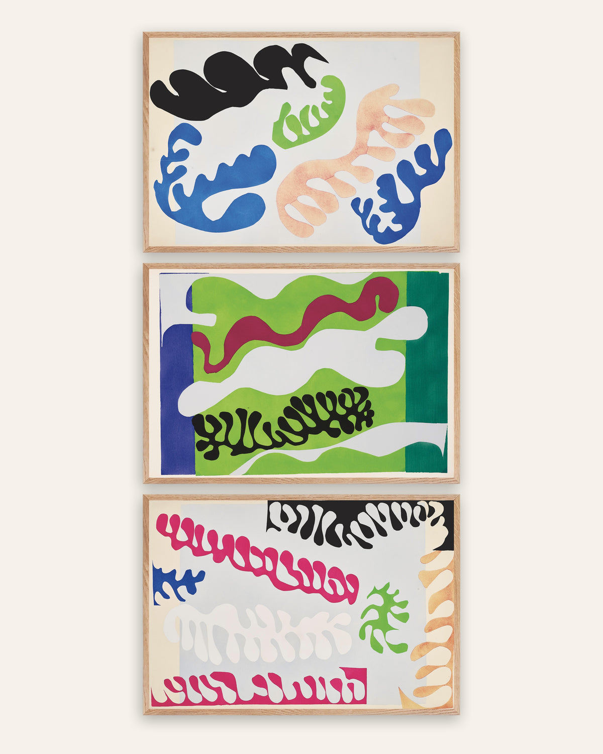 Poster Matisse Jazz, set da 3: La laguna in blu, verde e rosa, con cornici in rovere naturale