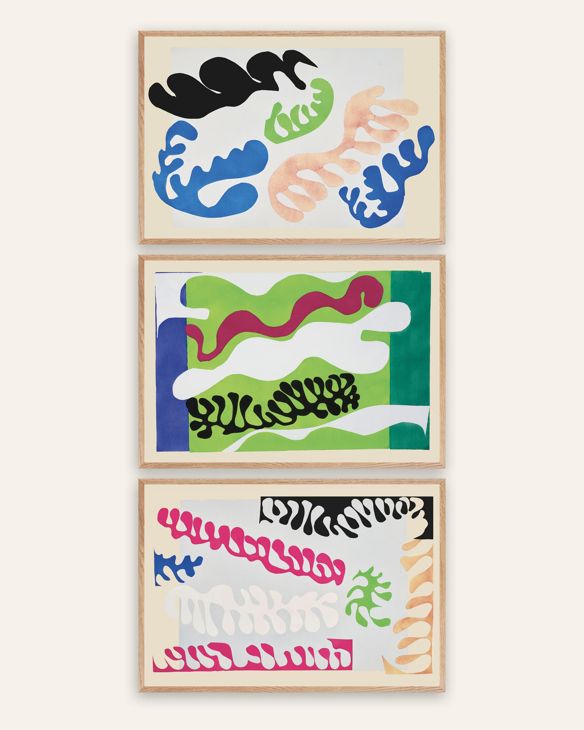 Poster Matisse Jazz, set da 3: La laguna in blu, verde e rosa, con cornici in rovere naturale
