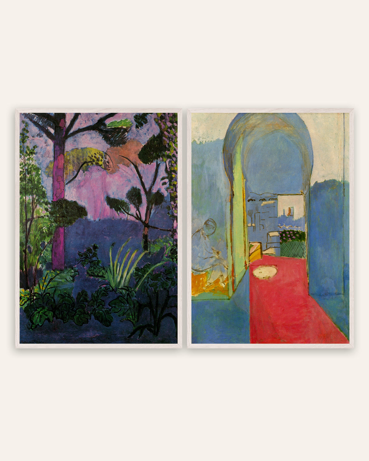 Poster Matisse, set da 2: Paesaggio marocchino (Acanto) e Ingresso alla Casbah, con cornici in rovere bianco