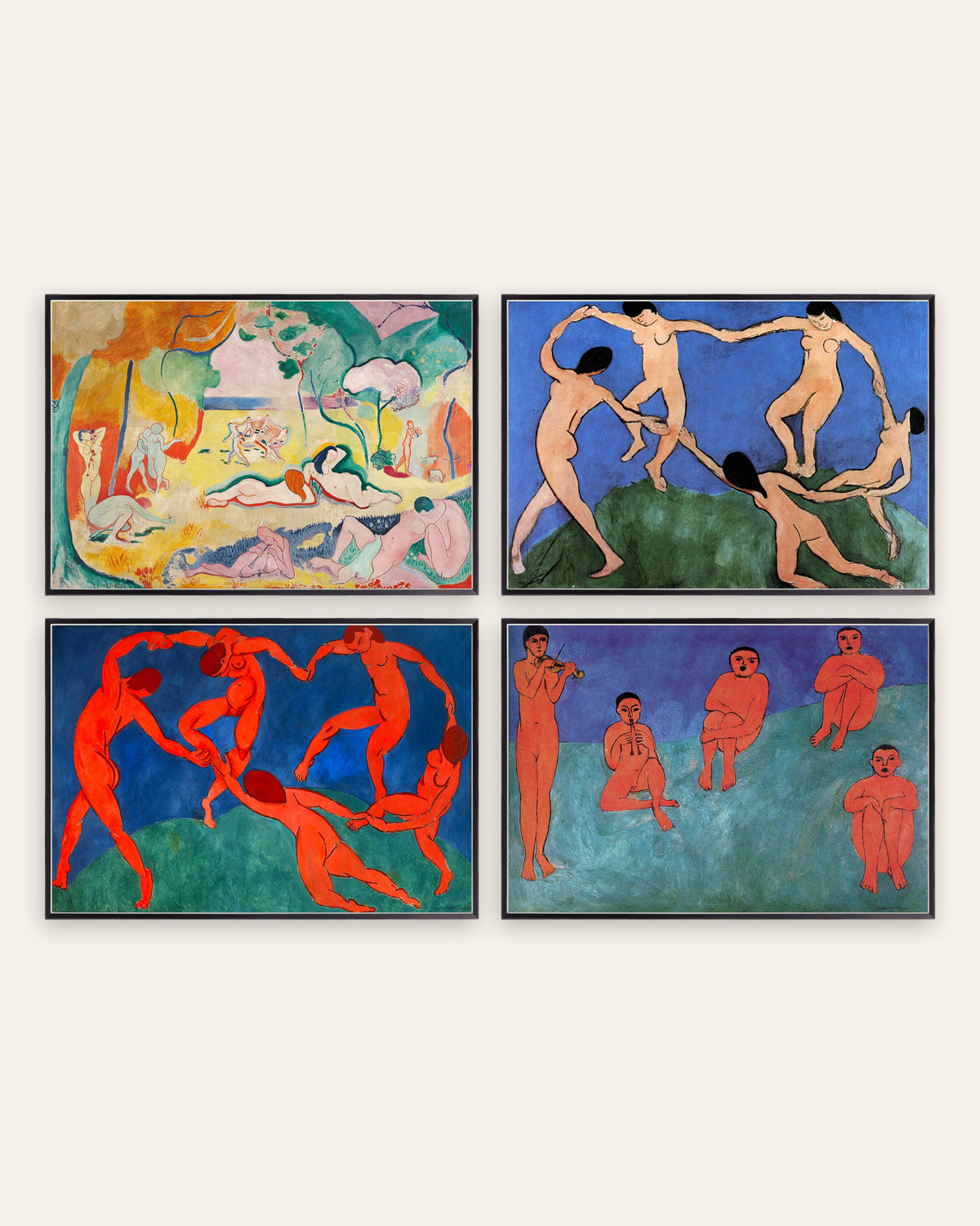 Poster Matisse, set da 4: La gioia di vivere, La danza I e II e Musica, con cornici in metallo nero
