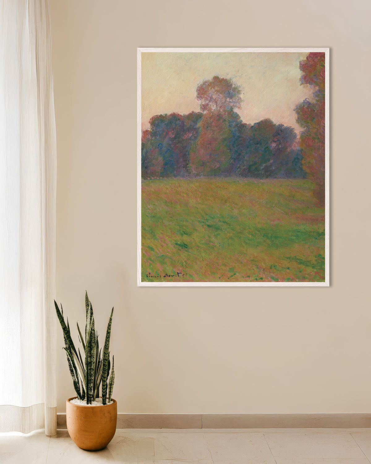 Poster Prato a Giverny (1886) di Claude Monet con cornice in legno bianco