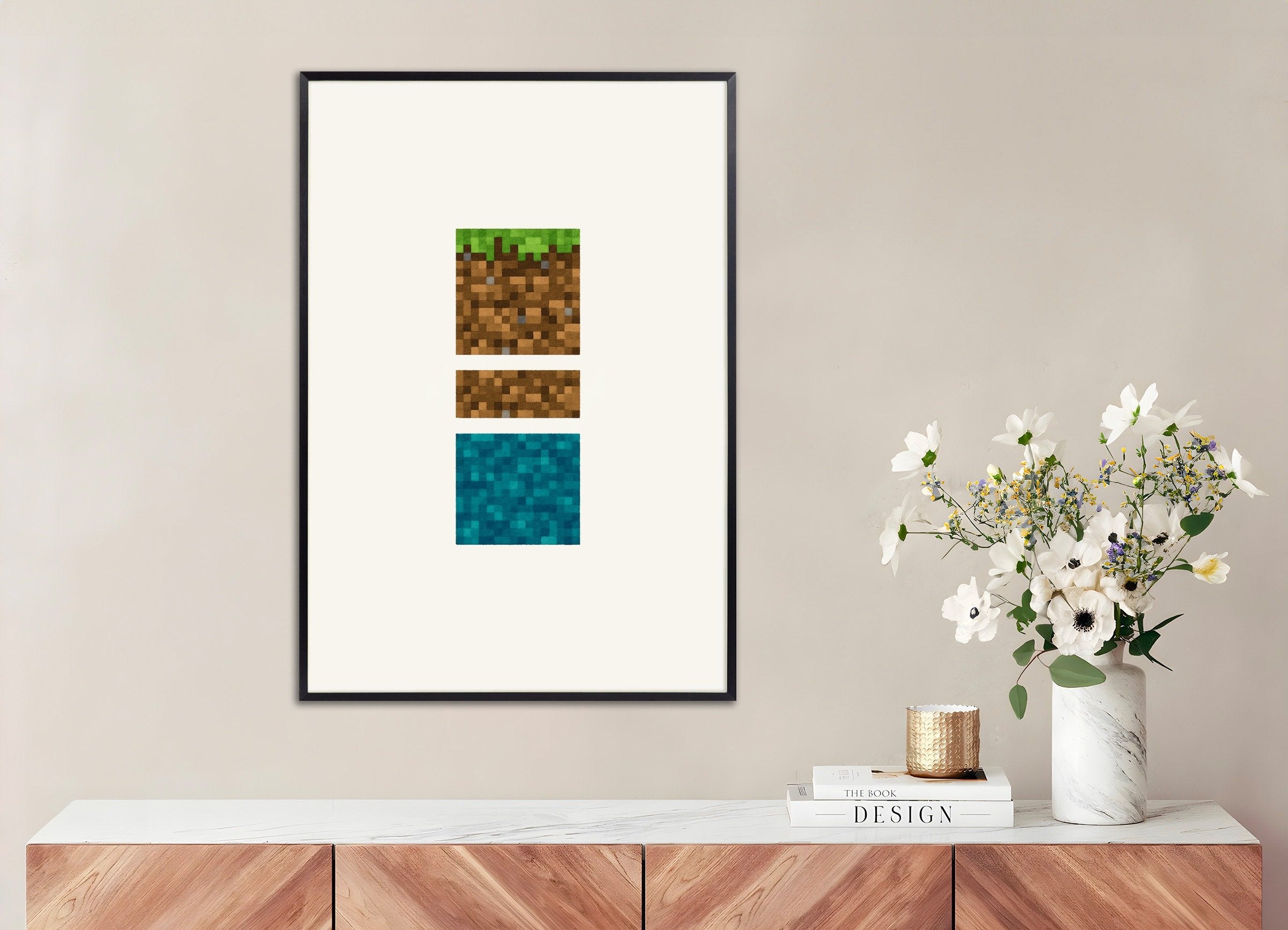 Poster of Minecraft Blocks Trio – grass, dirt, and water poster, with metal frame