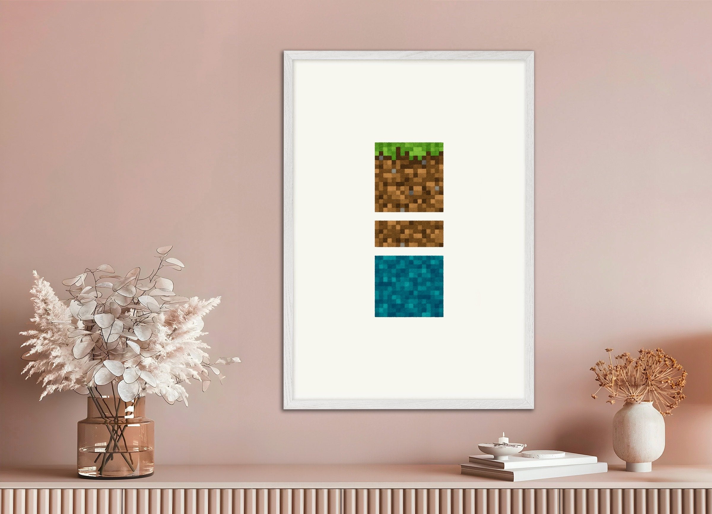 Poster of Minecraft Blocks Trio – grass, dirt, and water poster, with white wooden frame