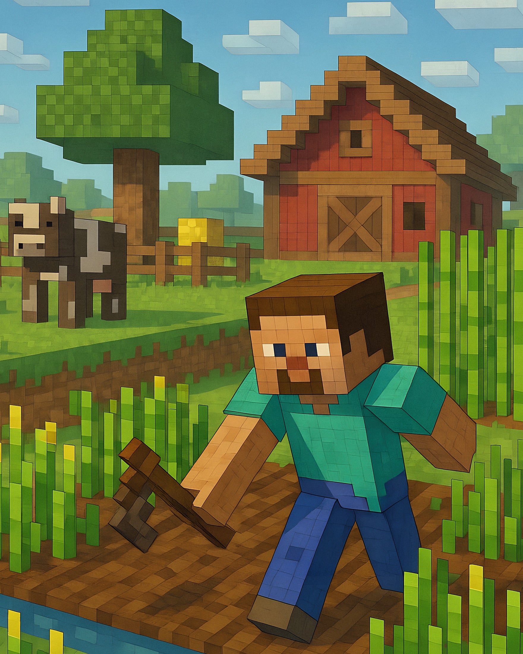 Scena della Fattoria di Minecraft – campi, fienile e coltivazioni poster