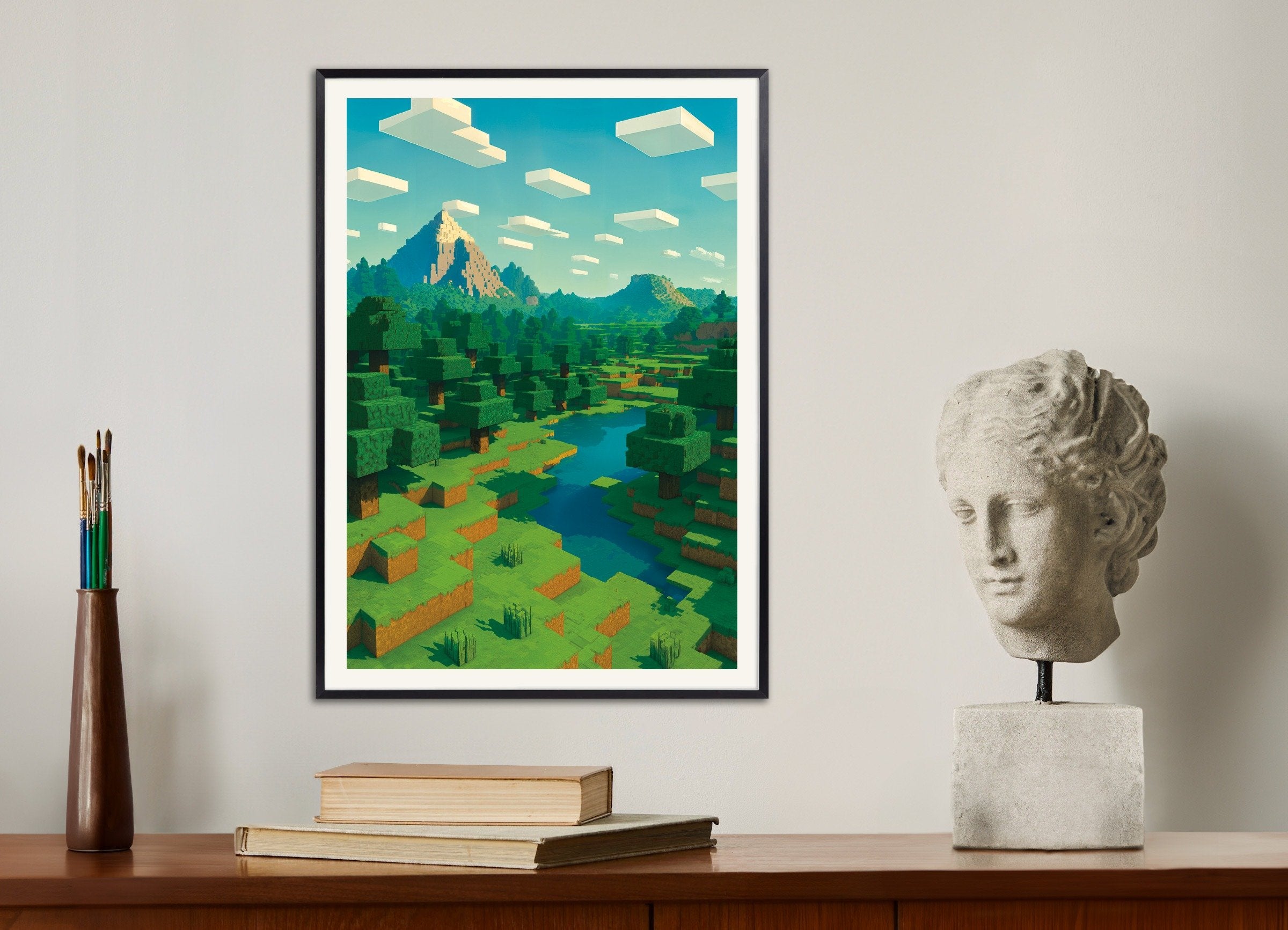 Poster of Minecraft Mountain Landscape – pixel art fan poster, with metal frame