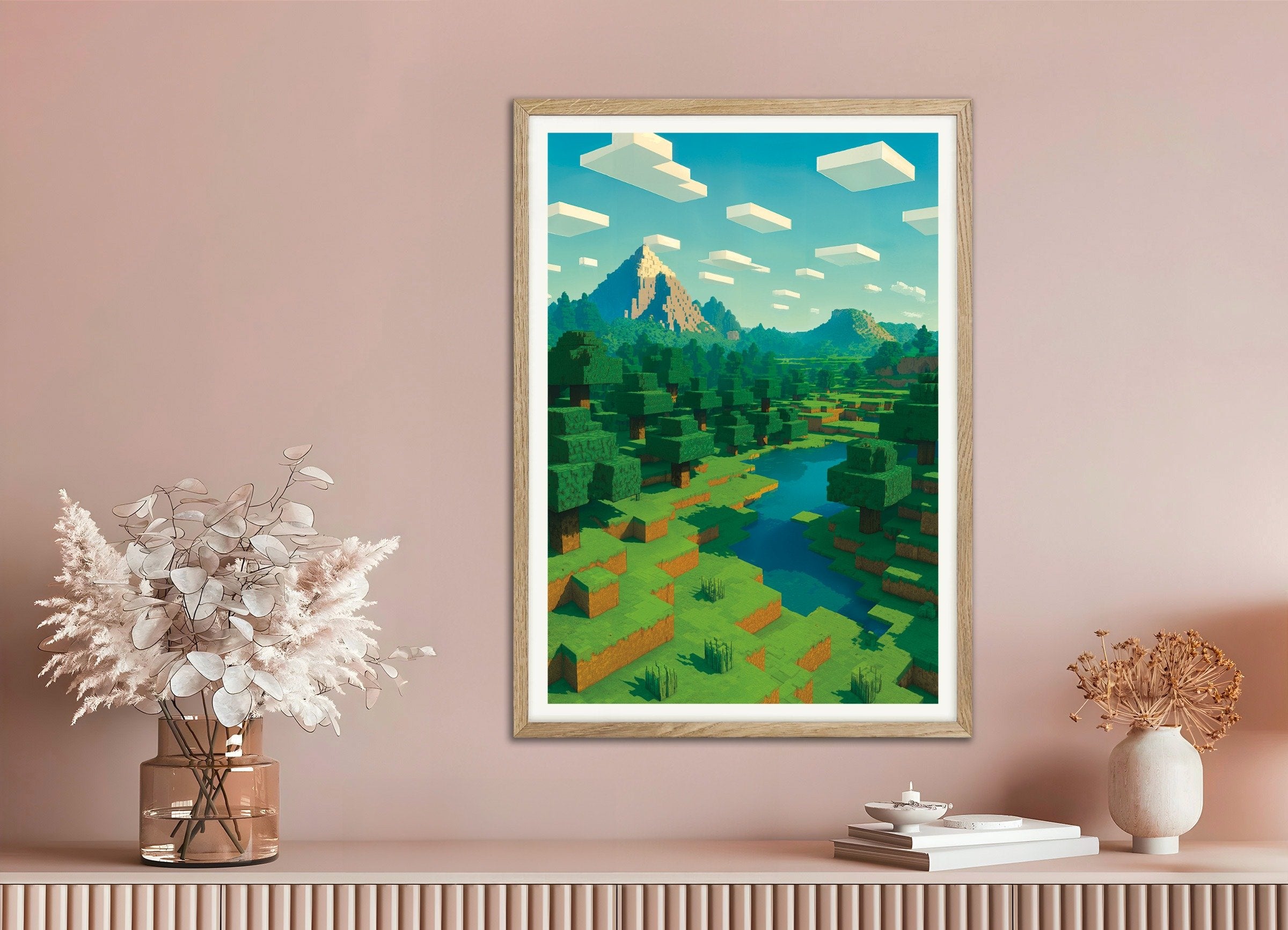 Poster of Minecraft Mountain Landscape – pixel art fan poster, with natural wooden frame