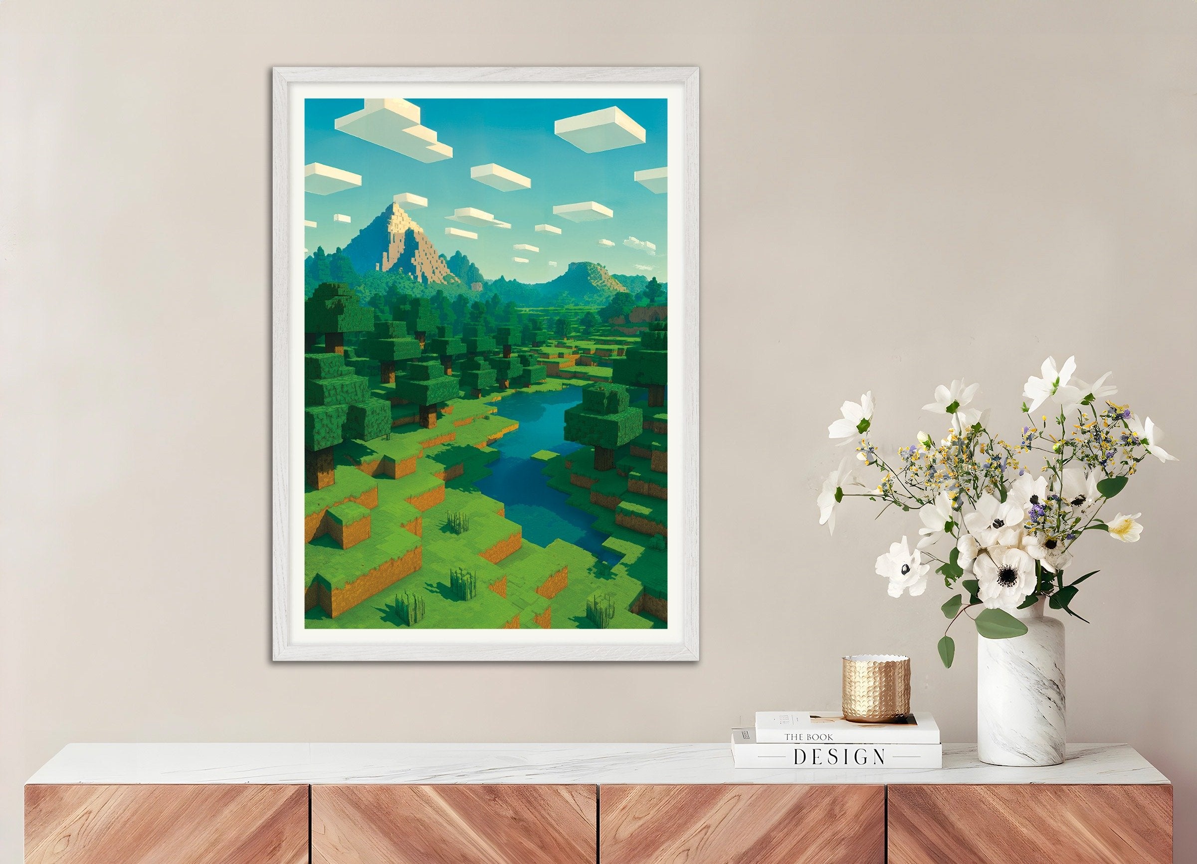 Poster of Minecraft Mountain Landscape – pixel art fan poster, with white wooden frame
