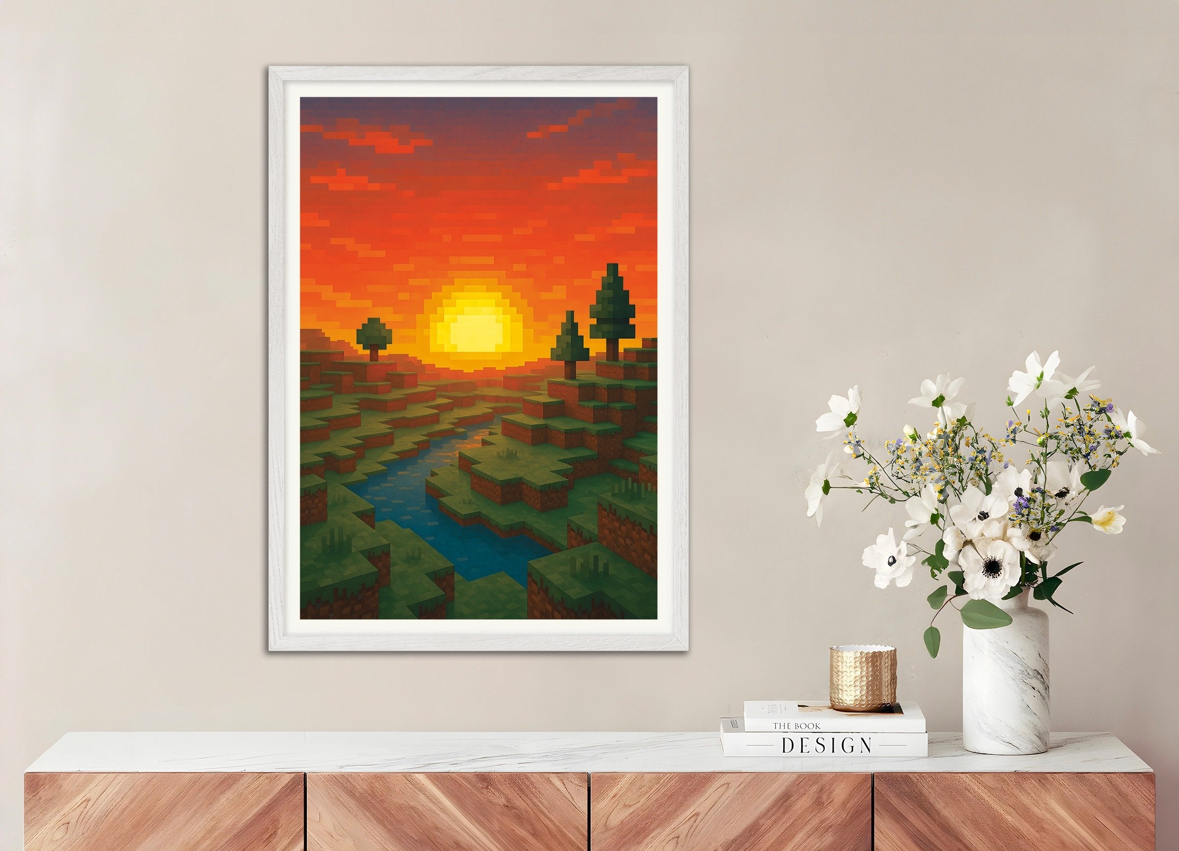 Poster of Minecraft Sunset – pixel art fan poster with river and trees, with white wooden frame