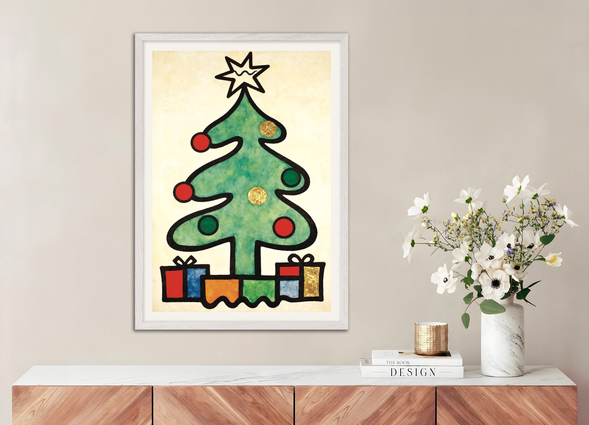 Poster of Modern Christmas tree art print, with white wooden frame