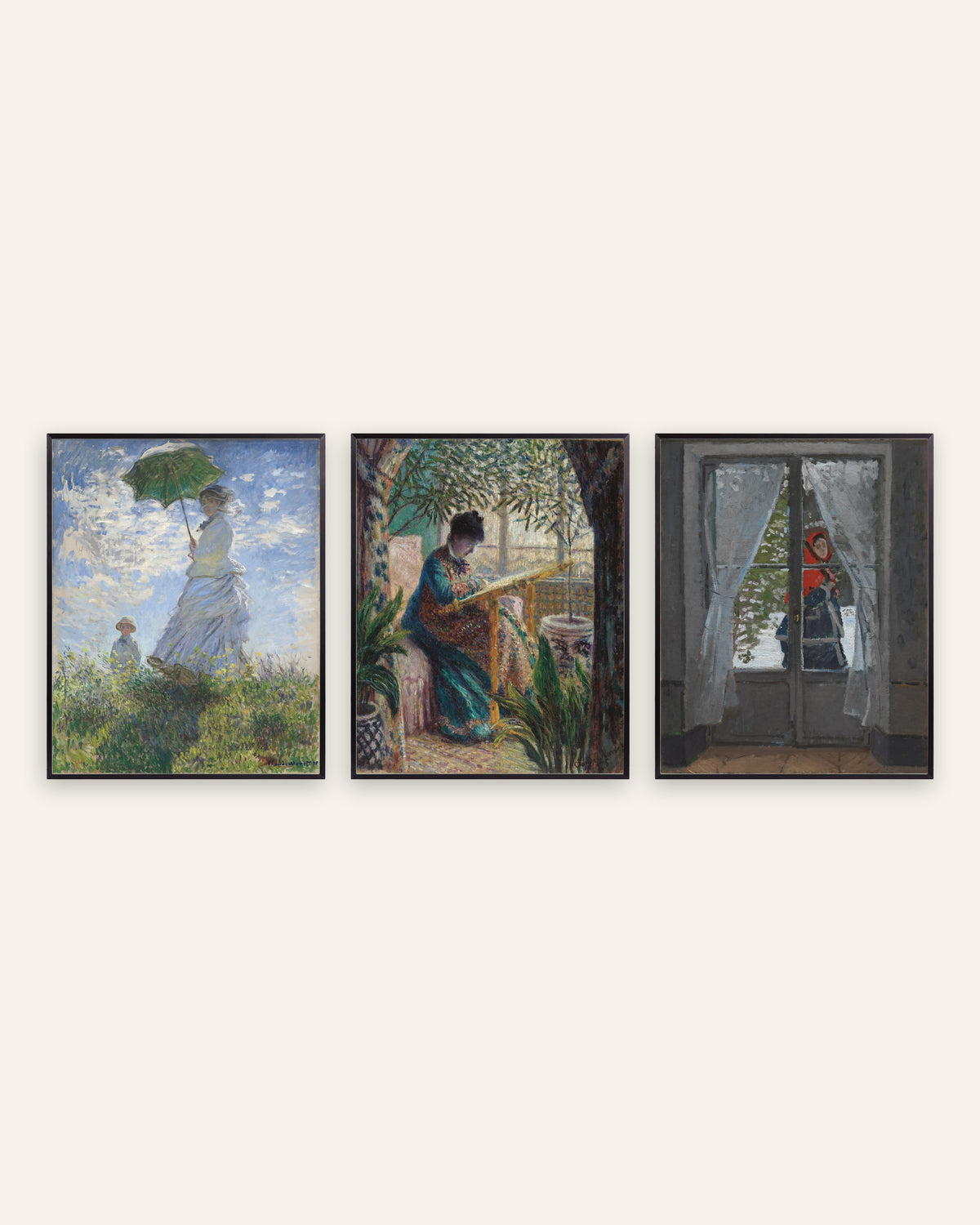 Poster di Monet, set da 3: Camille, Donna con parasole e Il fazzoletto rosso, con cornici in metallo nero