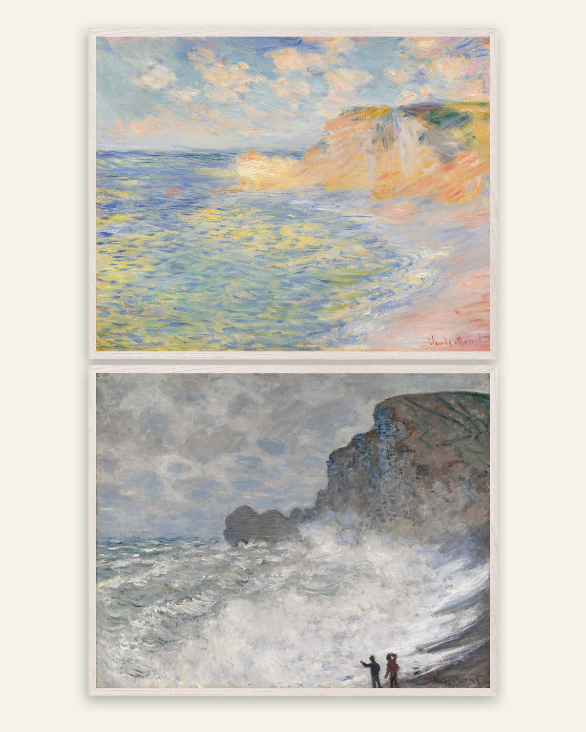 Poster di Monet, set da 2: Étretat, Falaise d’Amont e burrasca, con cornici in rovere bianco