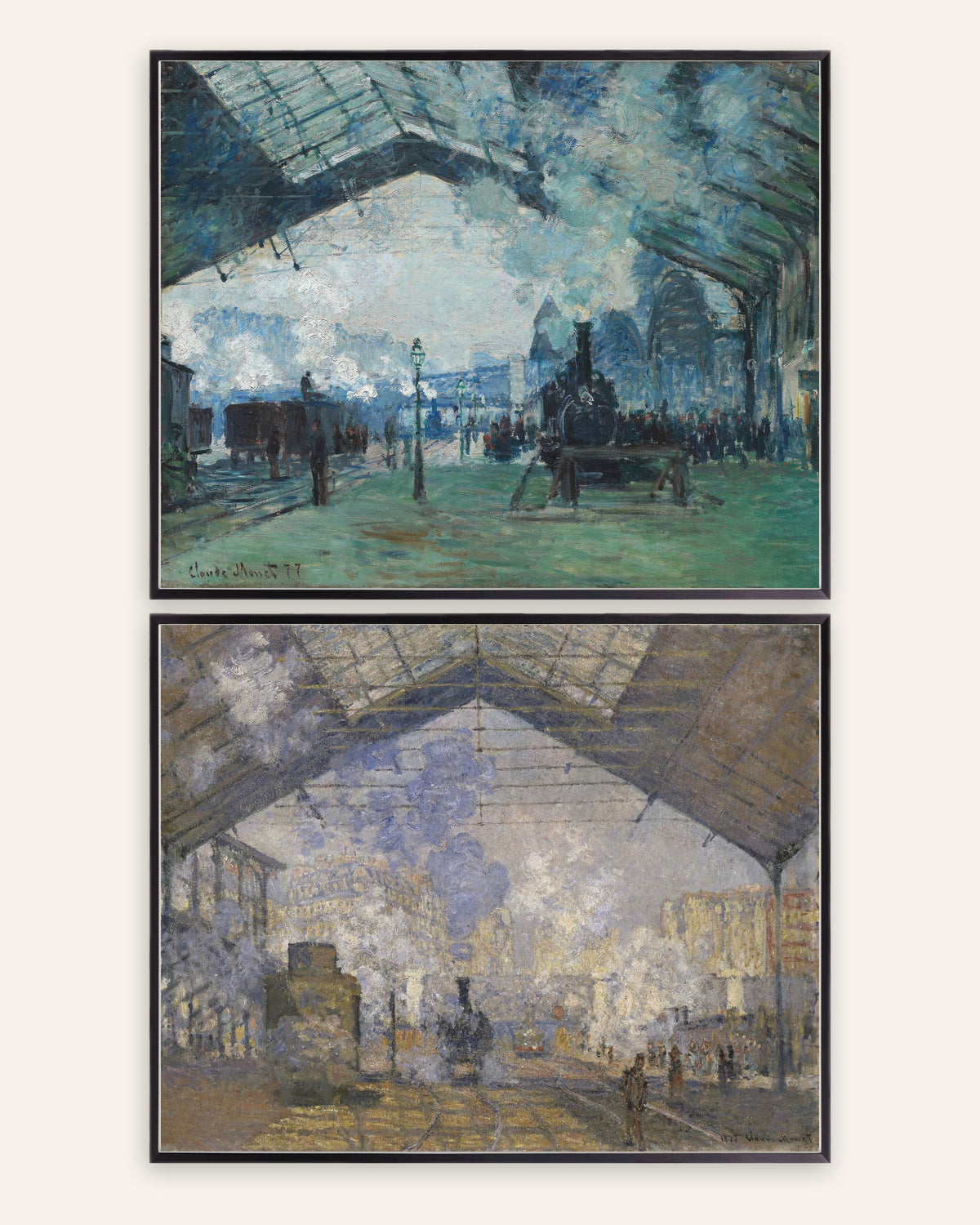Poster di Monet, set da 2: Gare Saint-Lazare, vapore e treni, con cornici in metallo nero
