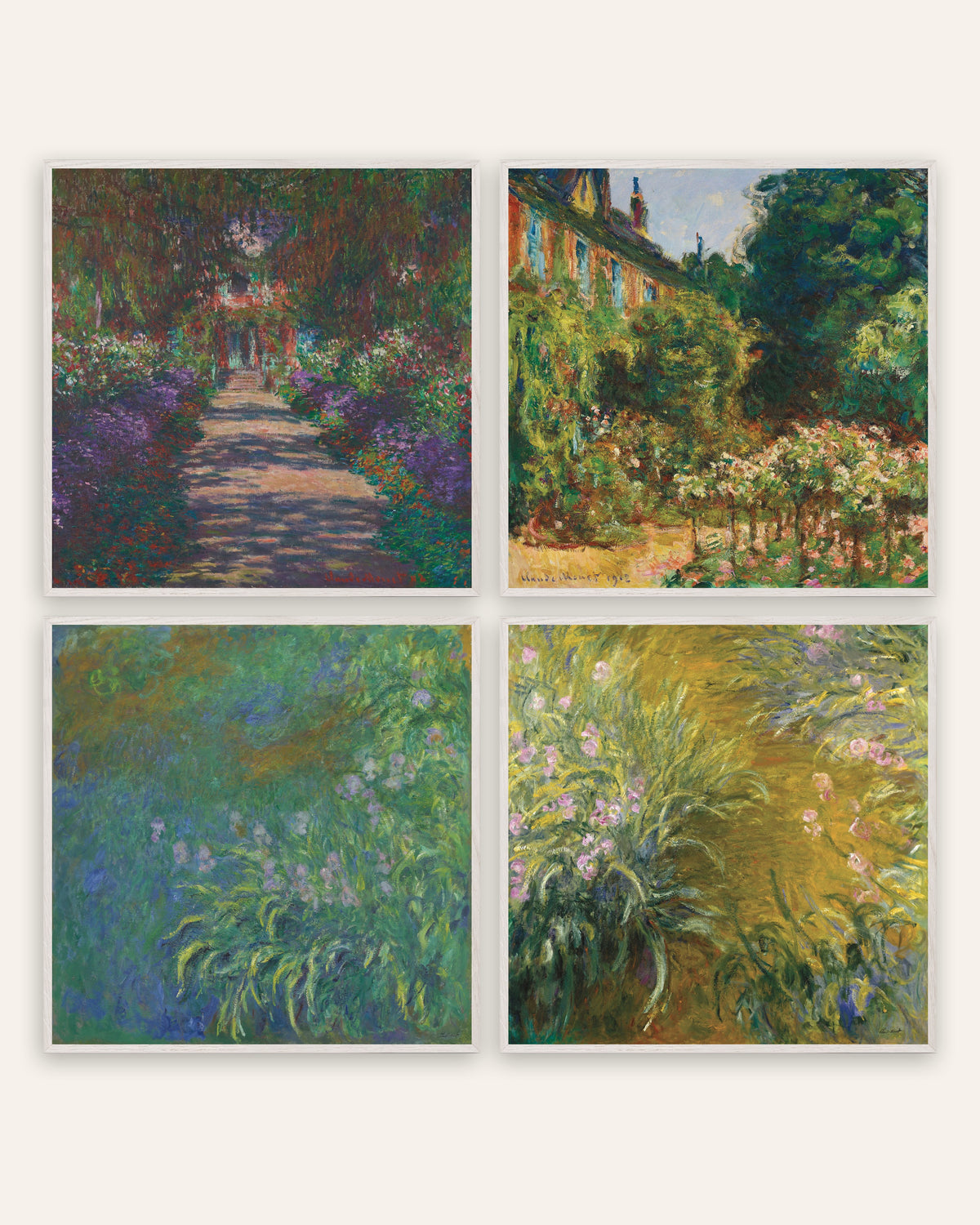 Poster di Monet, set da 4: il giardino di Giverny, viale, casa e iris, con cornici in rovere bianco