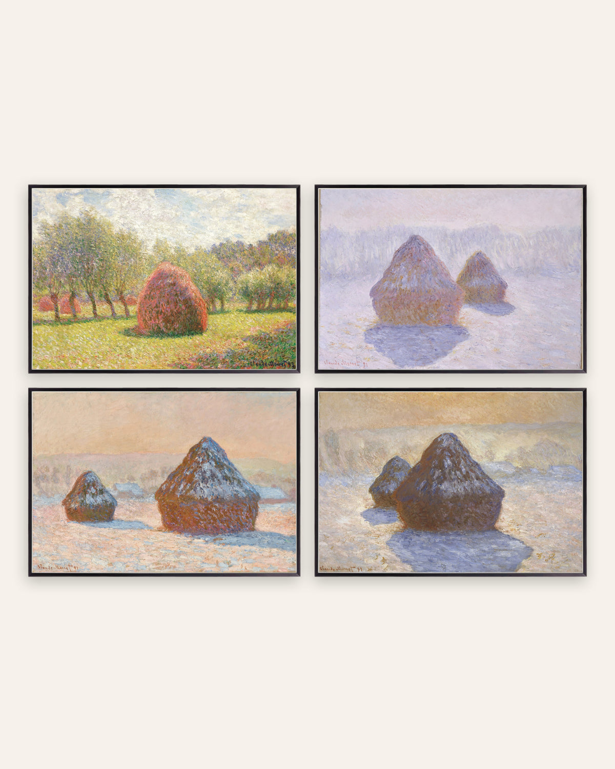 Poster di Monet, set da 4: covoni, dall’estate alla neve, con cornici in metallo nero