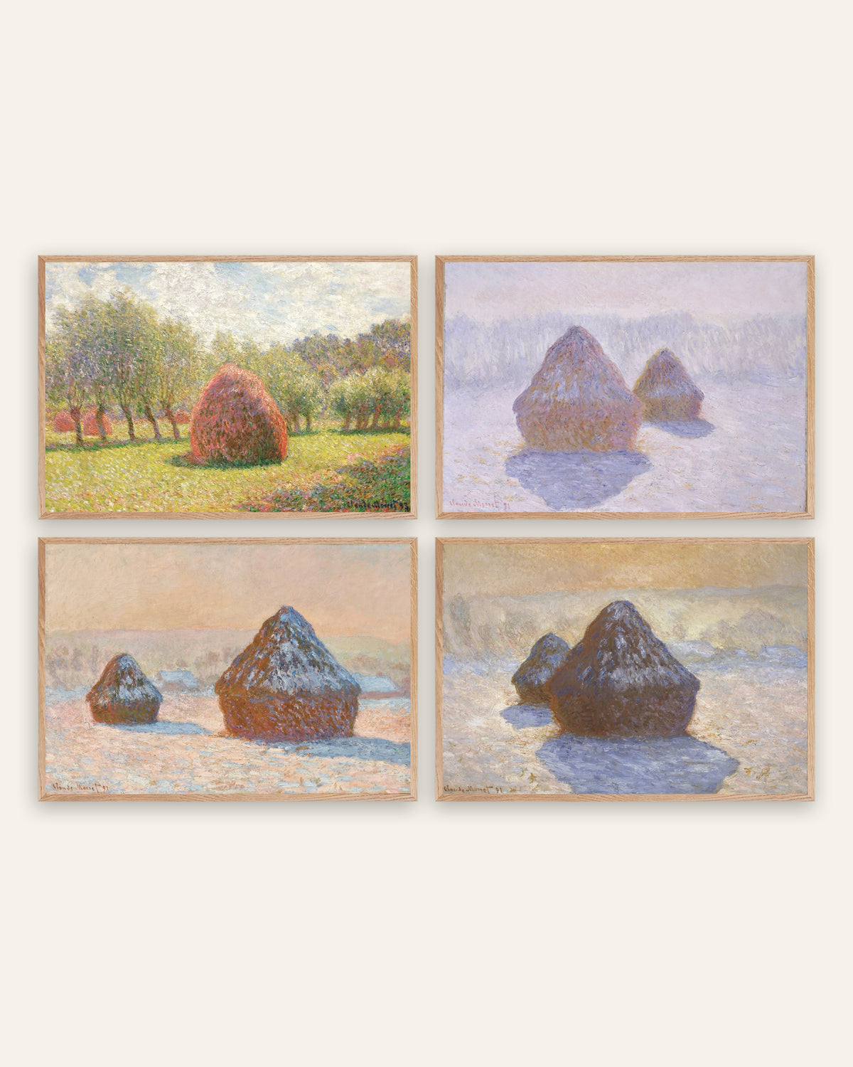 Poster di Monet, set da 4: covoni, dall’estate alla neve, con cornici in rovere naturale