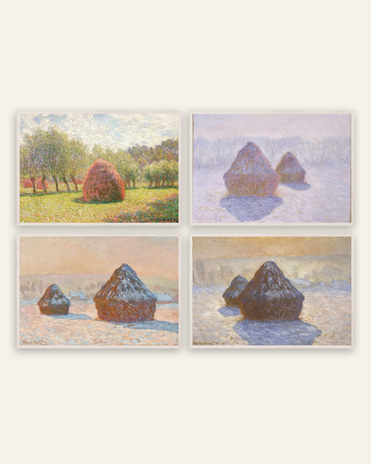 Poster di Monet, set da 4: covoni, dall’estate alla neve, con cornici in rovere bianco