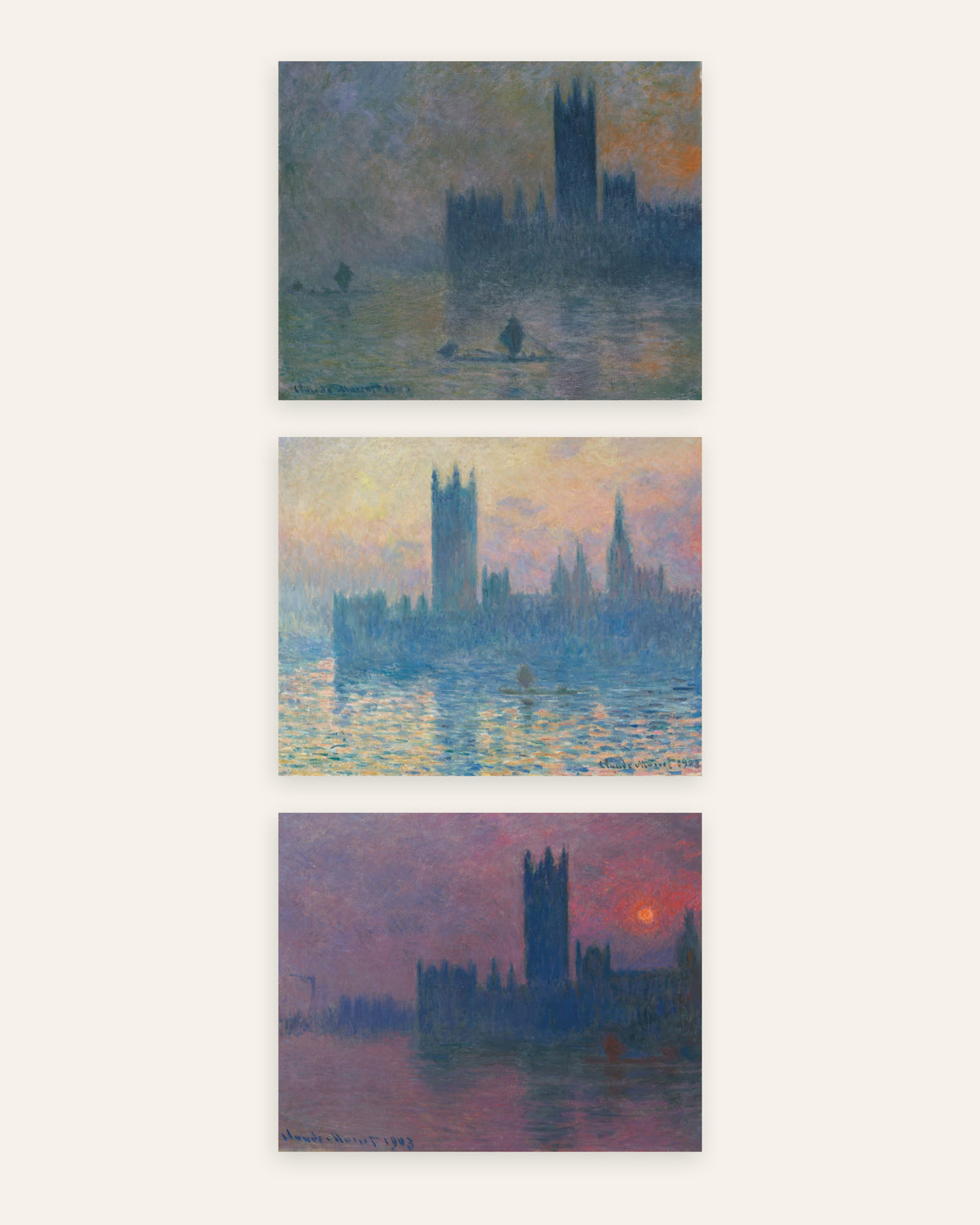 Poster di Monet, set da 3: il Parlamento di Londra, nebbia e tramonto, senza cornice