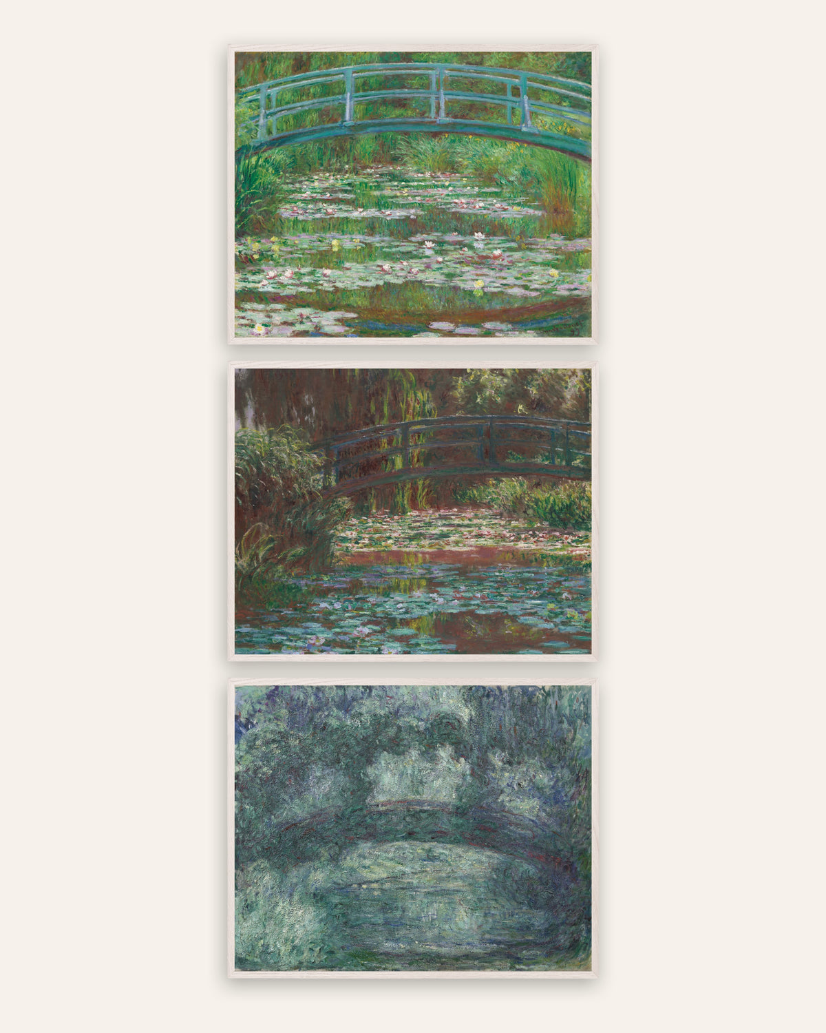 Poster di Monet, set da 3: il ponte giapponese di Giverny, dal 1899 al 1924, con cornici in rovere bianco