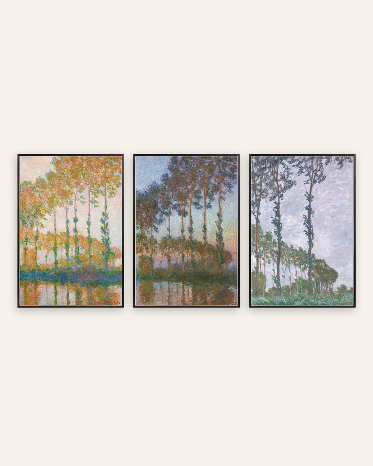 Poster di Monet, set da 3: pioppi, autunno, crepuscolo e vento, con cornici in metallo nero