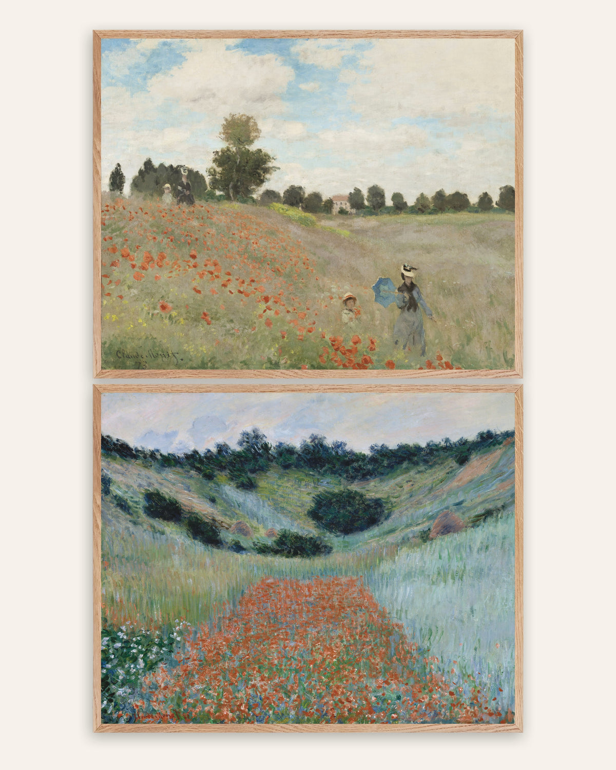 Poster di Monet, set da 2: papaveri di Argenteuil e Giverny, con cornici in rovere naturale
