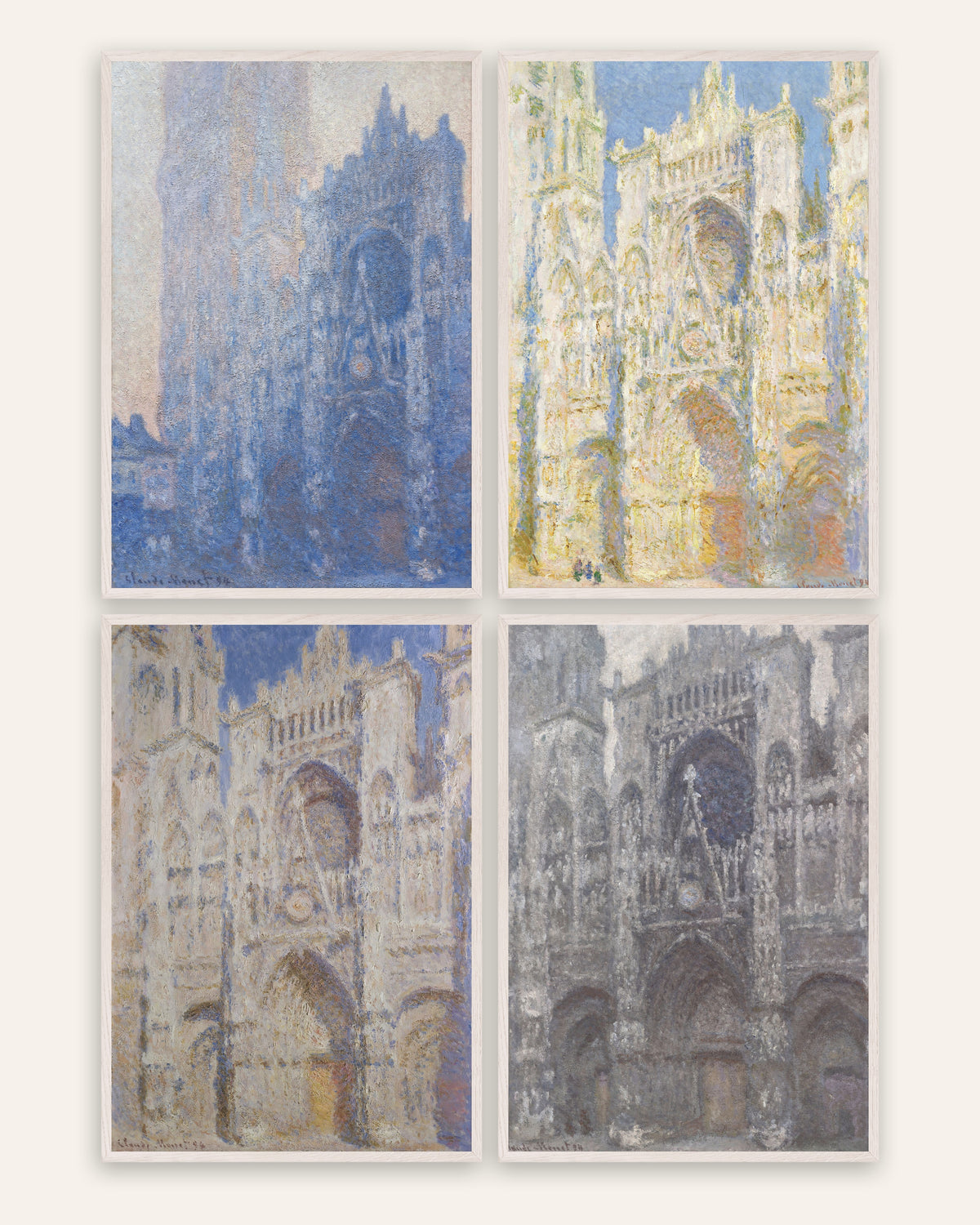 Poster di Monet, set da 4: la cattedrale di Rouen, dal mattino al tempo grigio, con cornici in rovere bianco