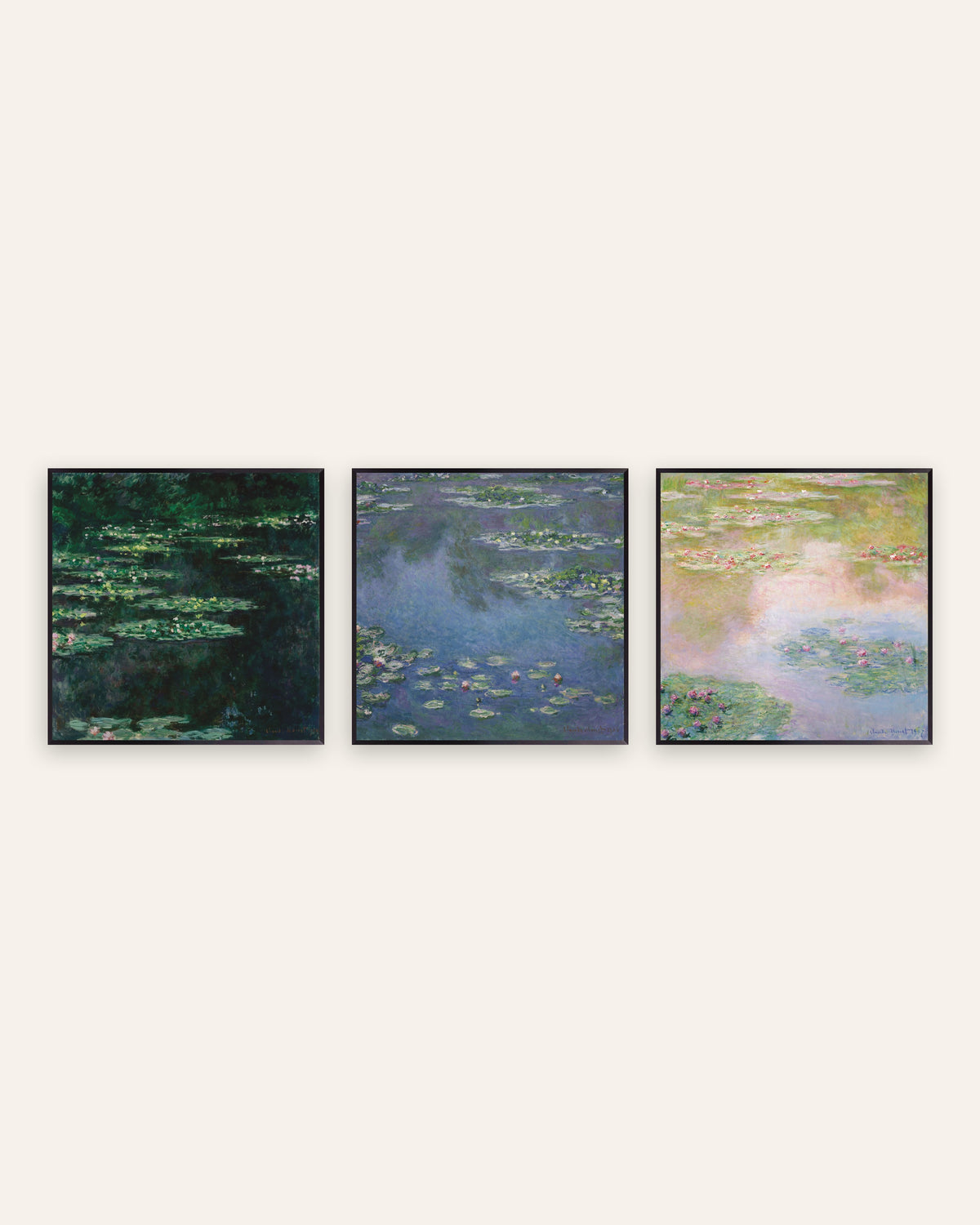 Poster di Monet, set da 3: Ninfee, vedute quadrate dello stagno, con cornici in metallo nero