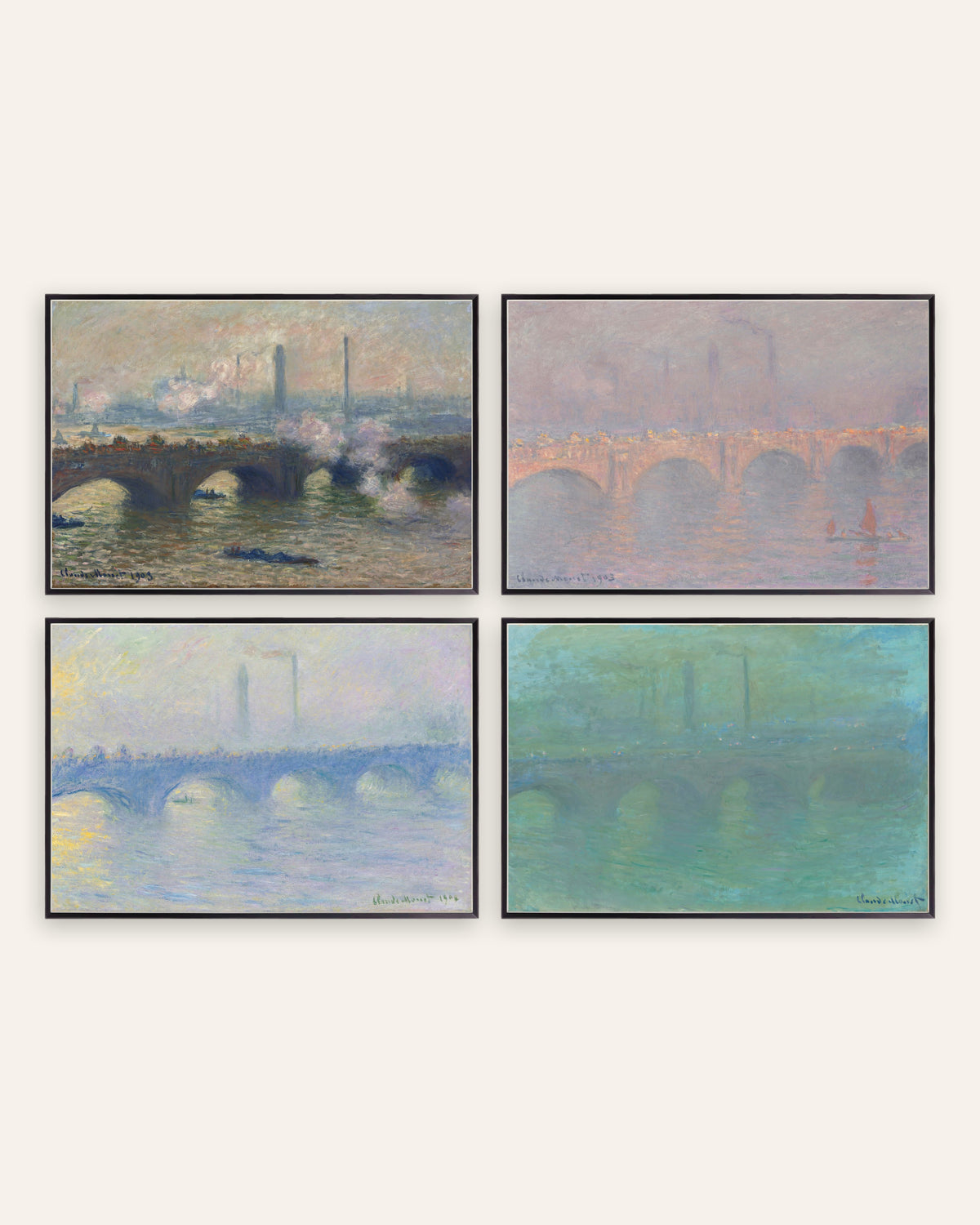 Poster di Monet, set da 4: il ponte di Waterloo, grigio, sole, nebbia e crepuscolo, con cornici in metallo nero