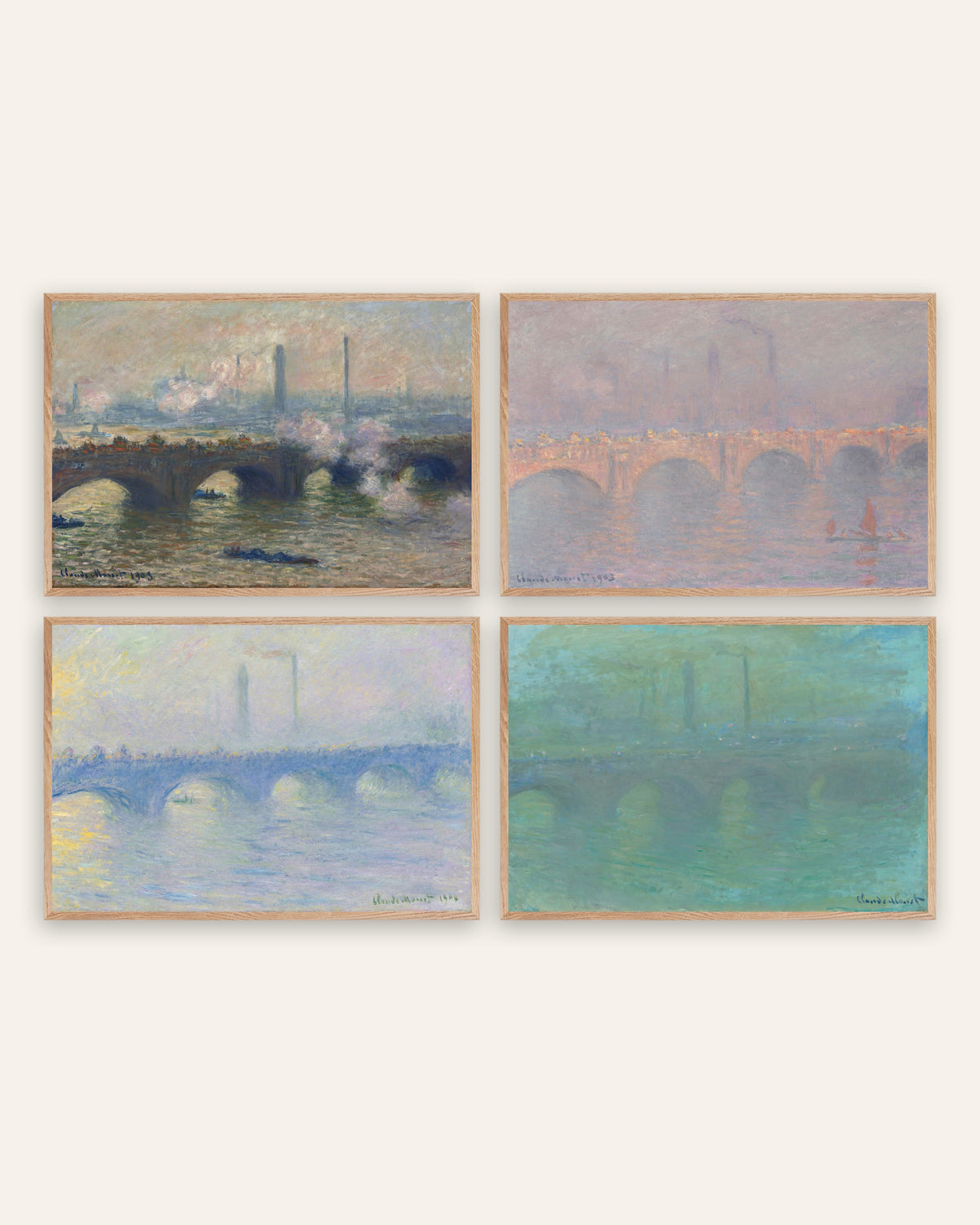 Poster di Monet, set da 4: il ponte di Waterloo, grigio, sole, nebbia e crepuscolo, con cornici in rovere naturale