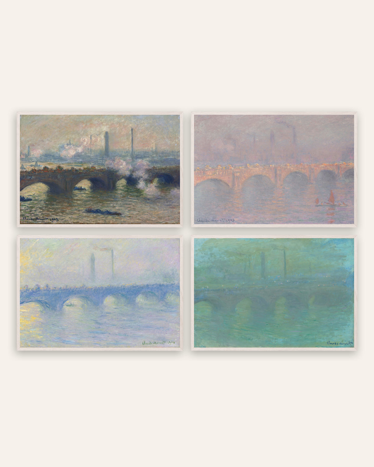 Poster di Monet, set da 4: il ponte di Waterloo, grigio, sole, nebbia e crepuscolo, con cornici in rovere bianco