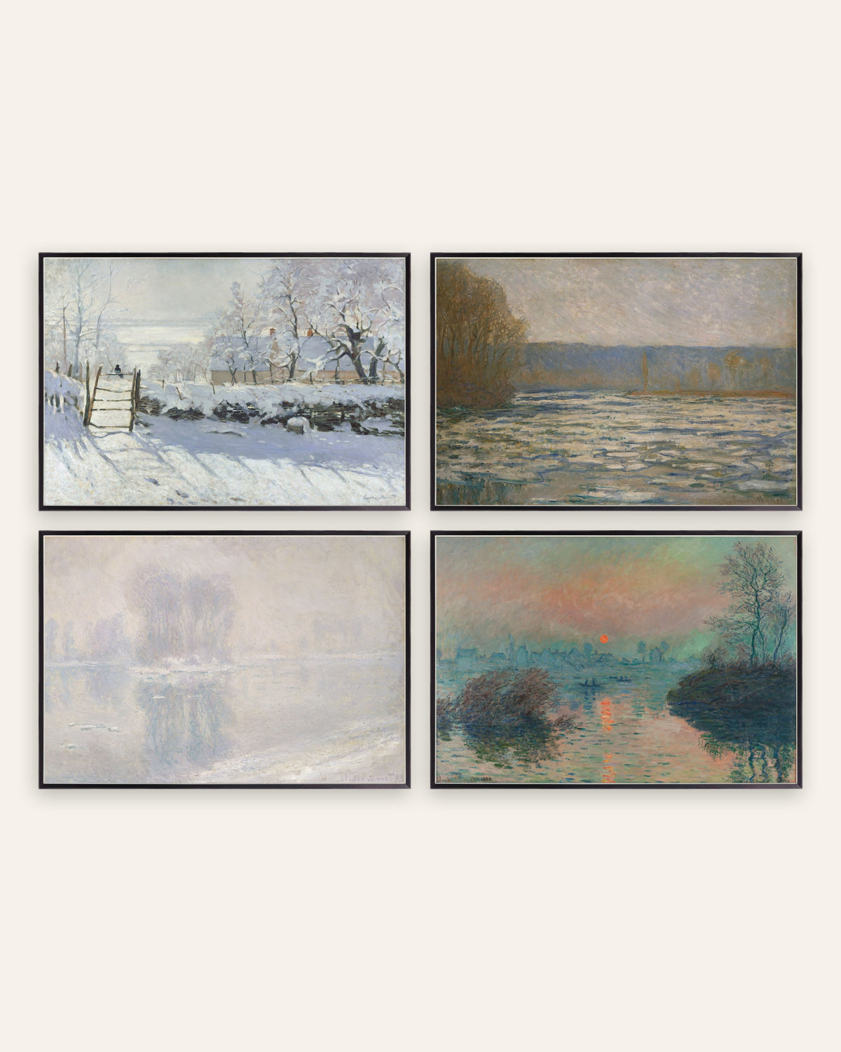 Poster di Monet, set da 4: inverno, La gazza, ghiaccio e tramonto, con cornici in metallo nero