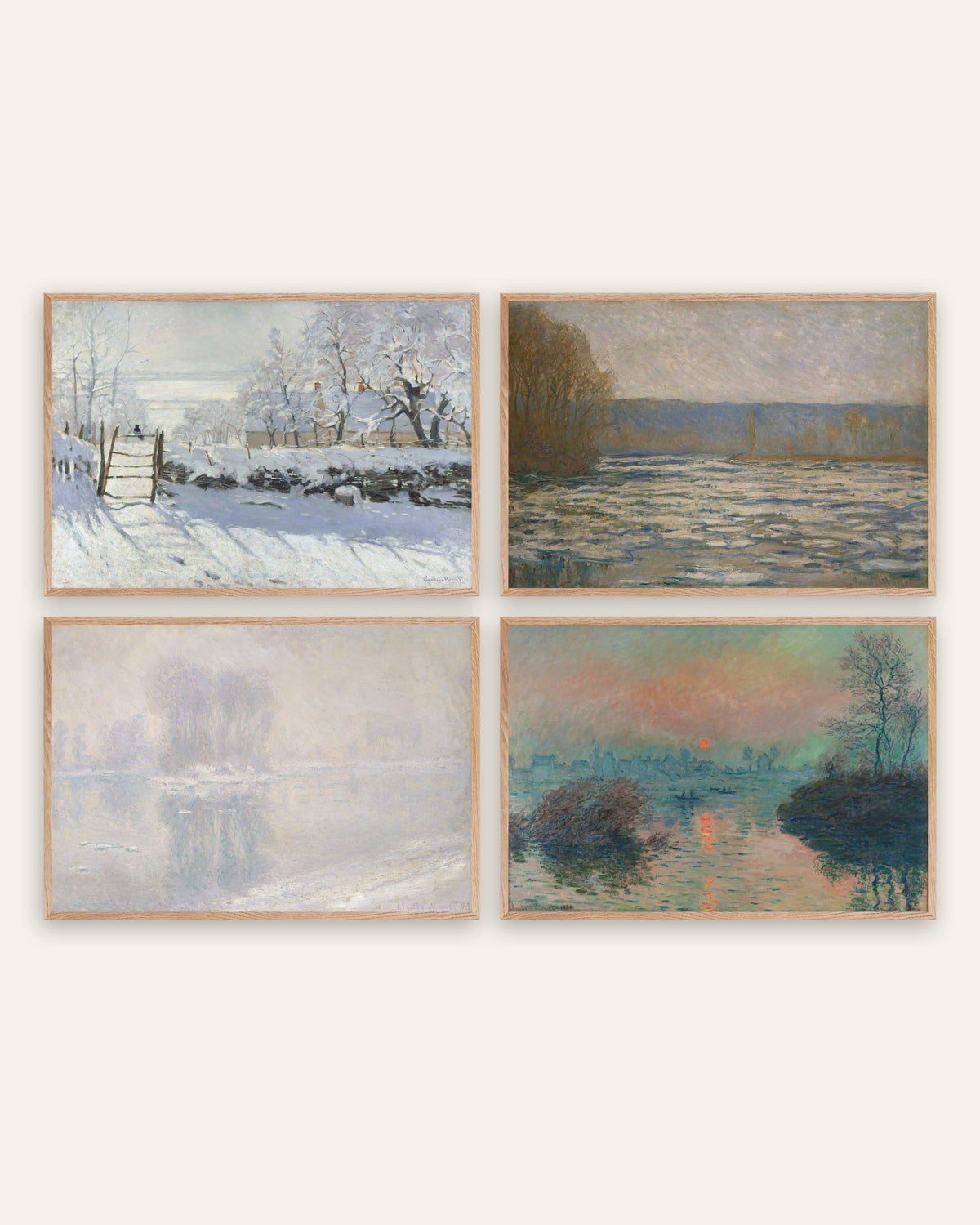 Poster di Monet, set da 4: inverno, La gazza, ghiaccio e tramonto, con cornici in rovere naturale