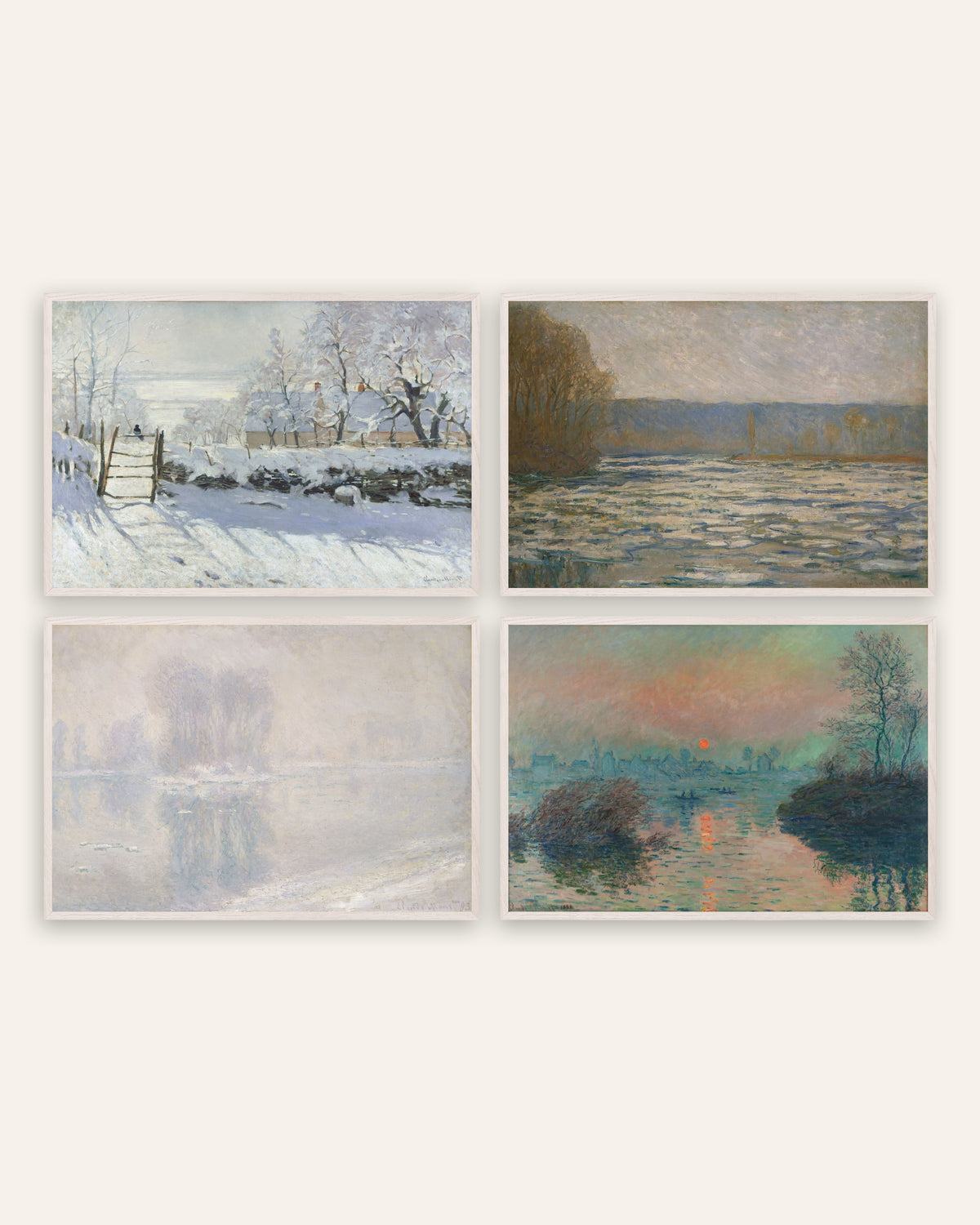 Poster di Monet, set da 4: inverno, La gazza, ghiaccio e tramonto, con cornici in rovere bianco