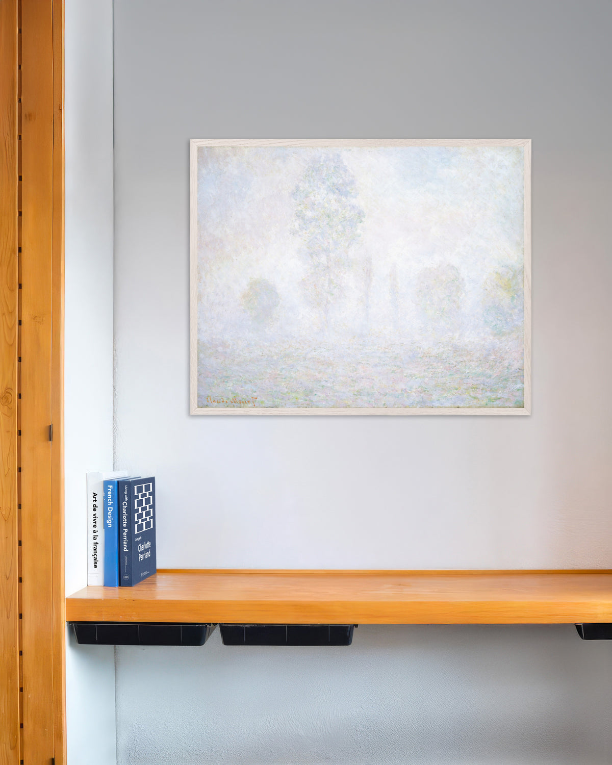 Poster Foschia mattutina (1888) di Claude Monet con cornice in legno bianco