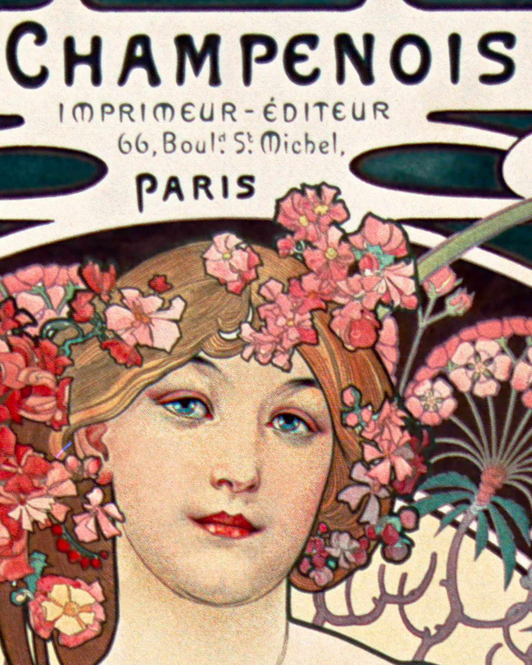 Vintage-style advertisement with a woman's face surrounded by flowers and text 'Champeinois' in Paris.