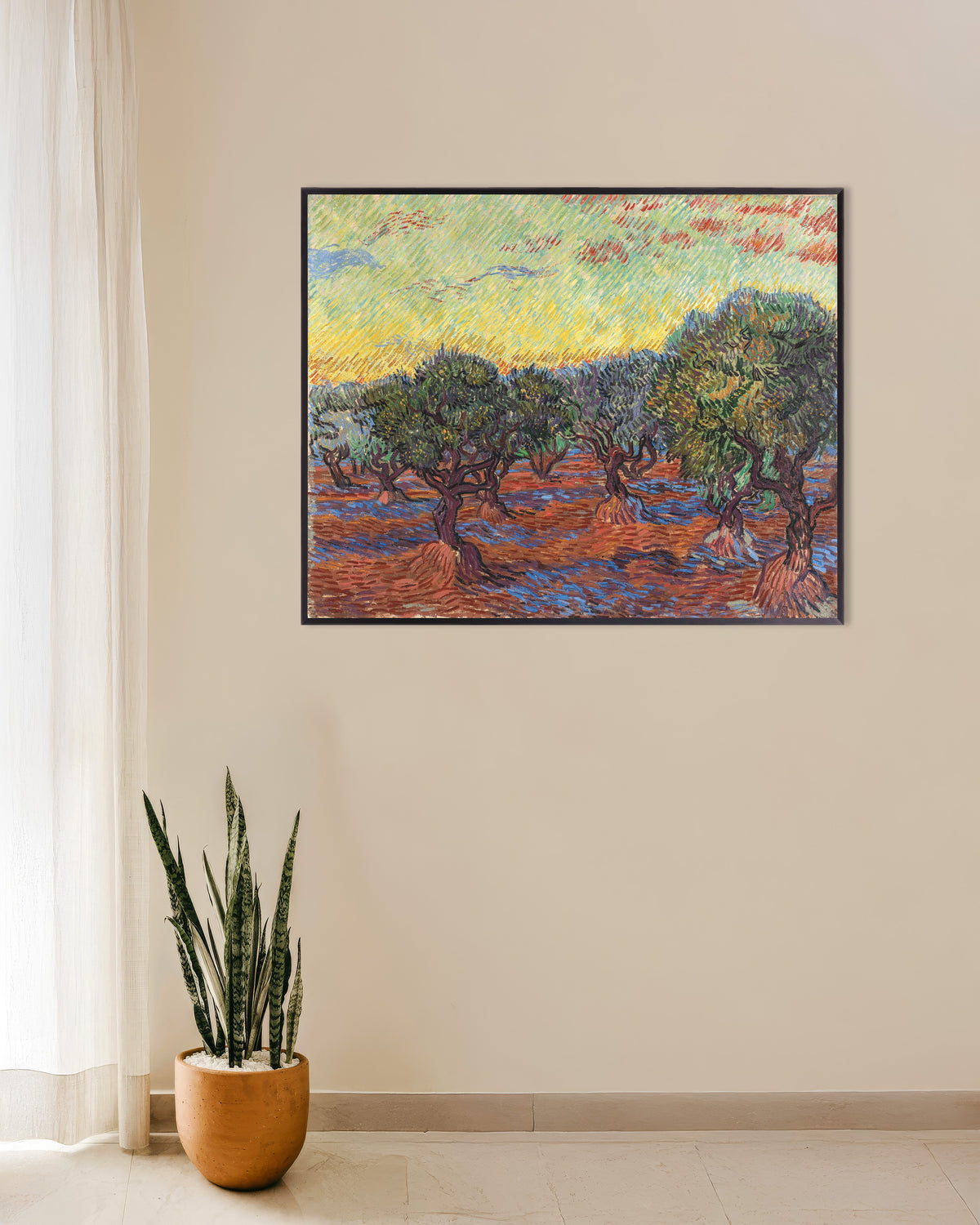 Poster di Uliveto con cielo arancione (1889) di Vincent van Gogh, con cornice in metallo