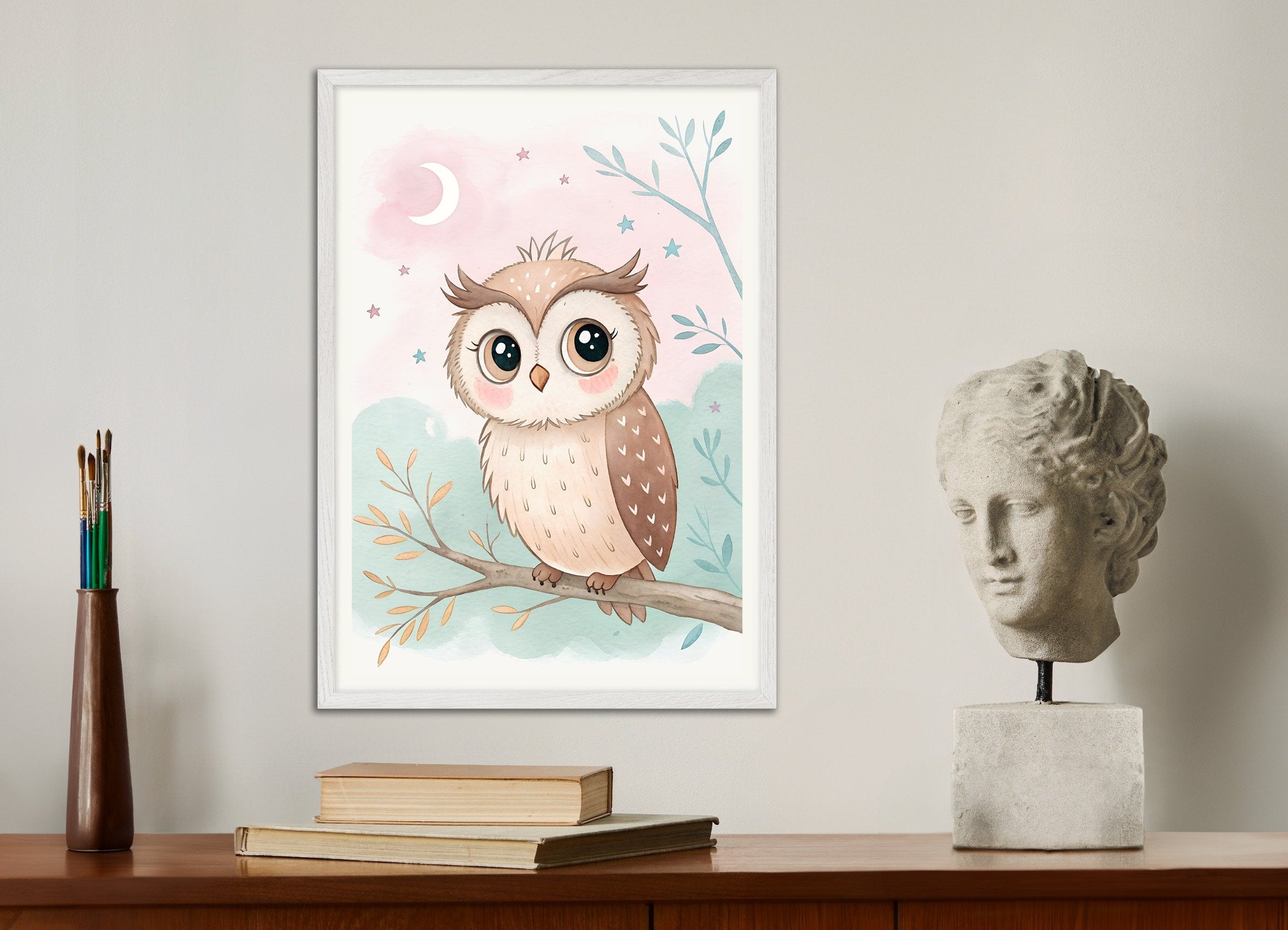 Poster of Owl Poster - Nursery Wall Art with Moon and Stars, with white wooden frame