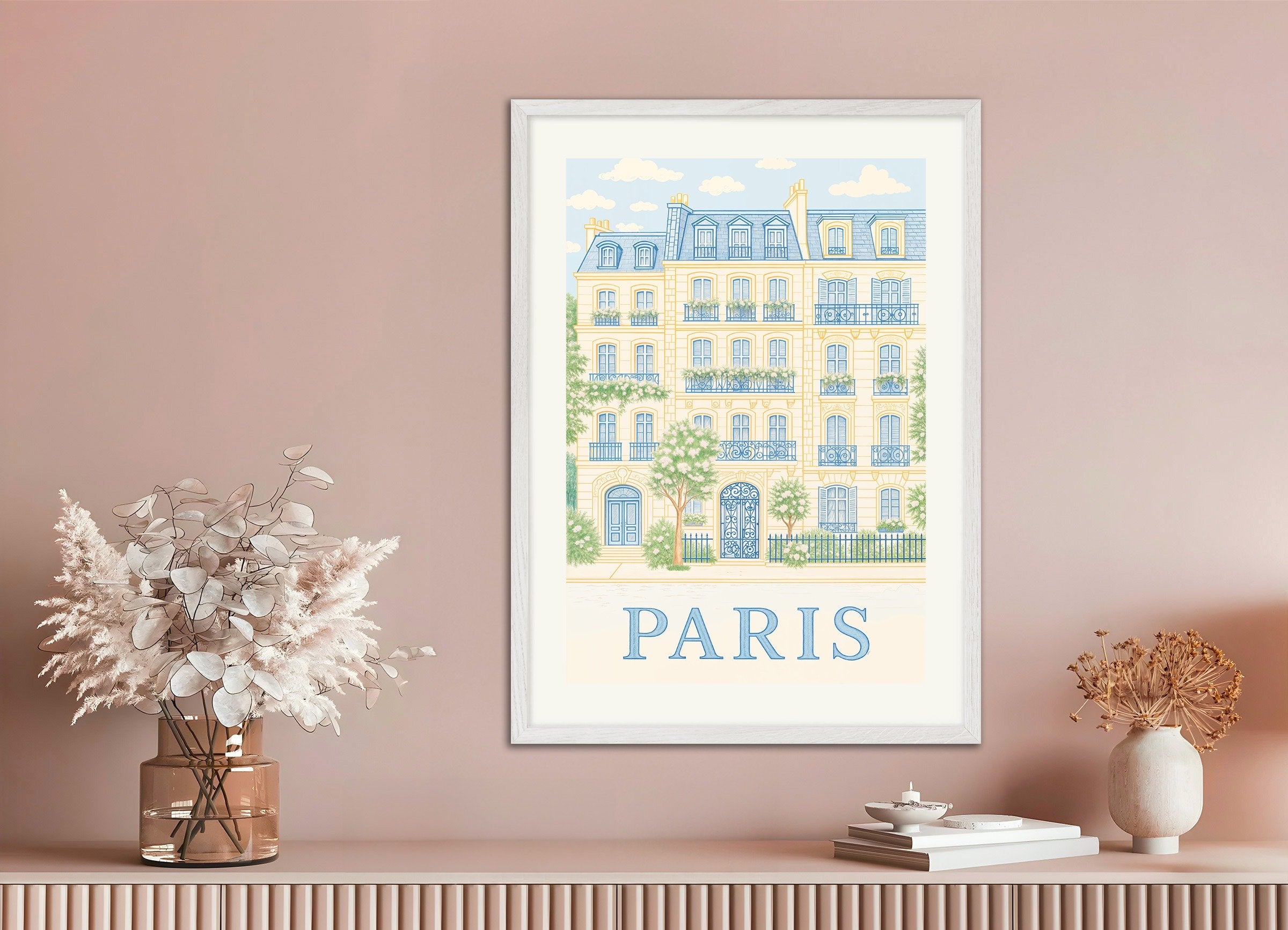 Poster of Paris Façade Poster – Elegant Pastel Illustration, with white wooden frame