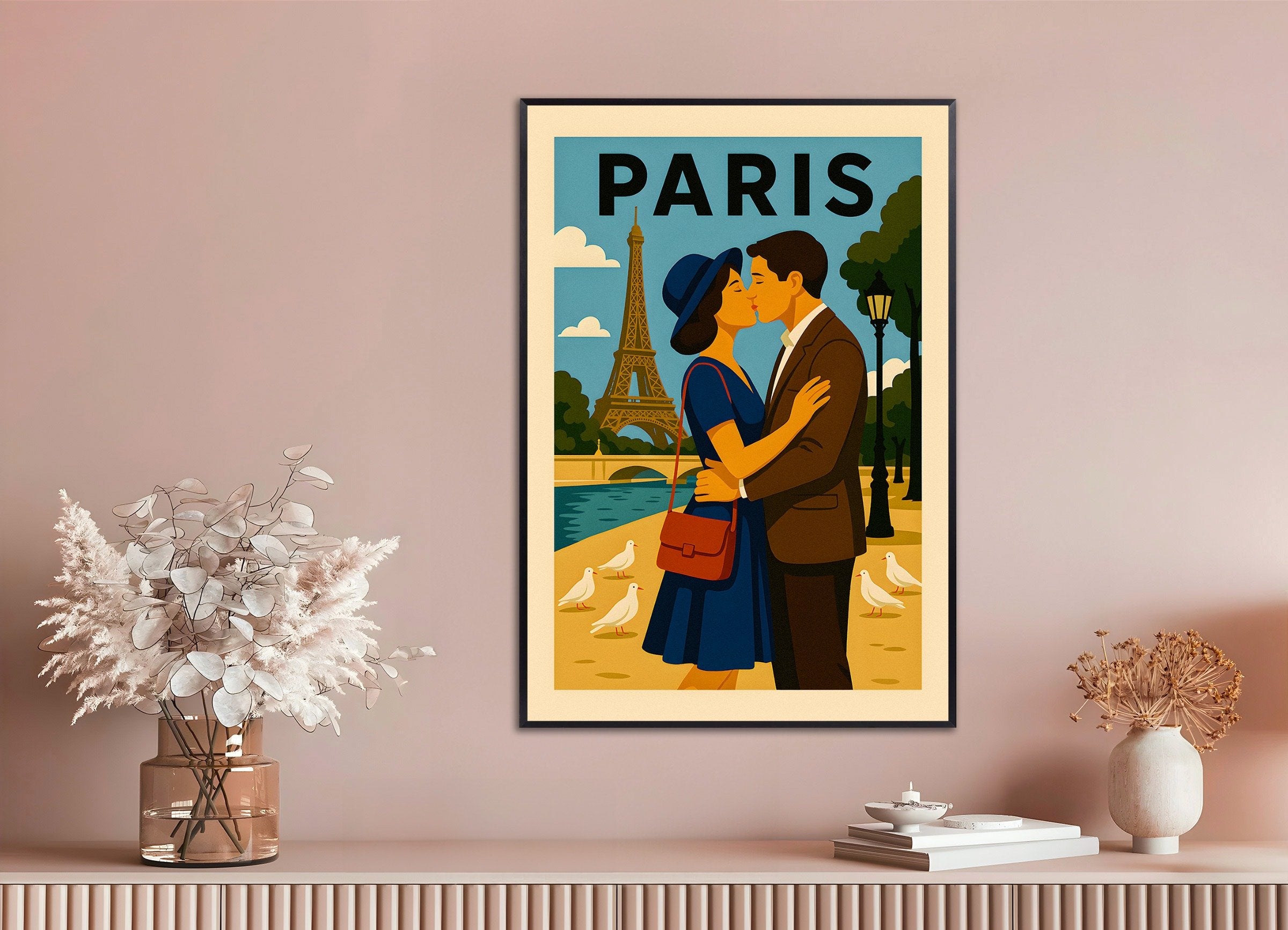 Poster of Paris Lovers Poster – Romantic Vintage-Style Illustration, with metal frame