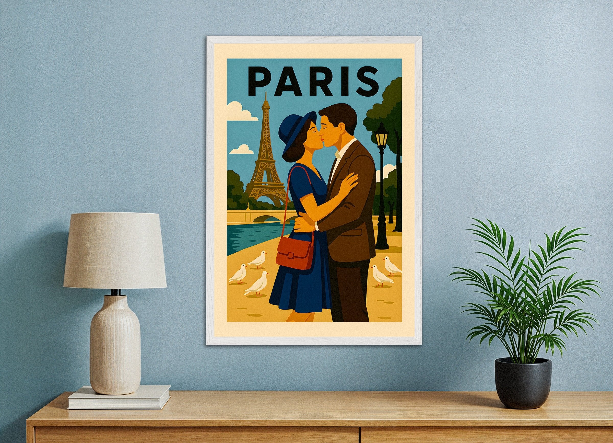 Poster of Paris Lovers Poster – Romantic Vintage-Style Illustration, with white wooden frame