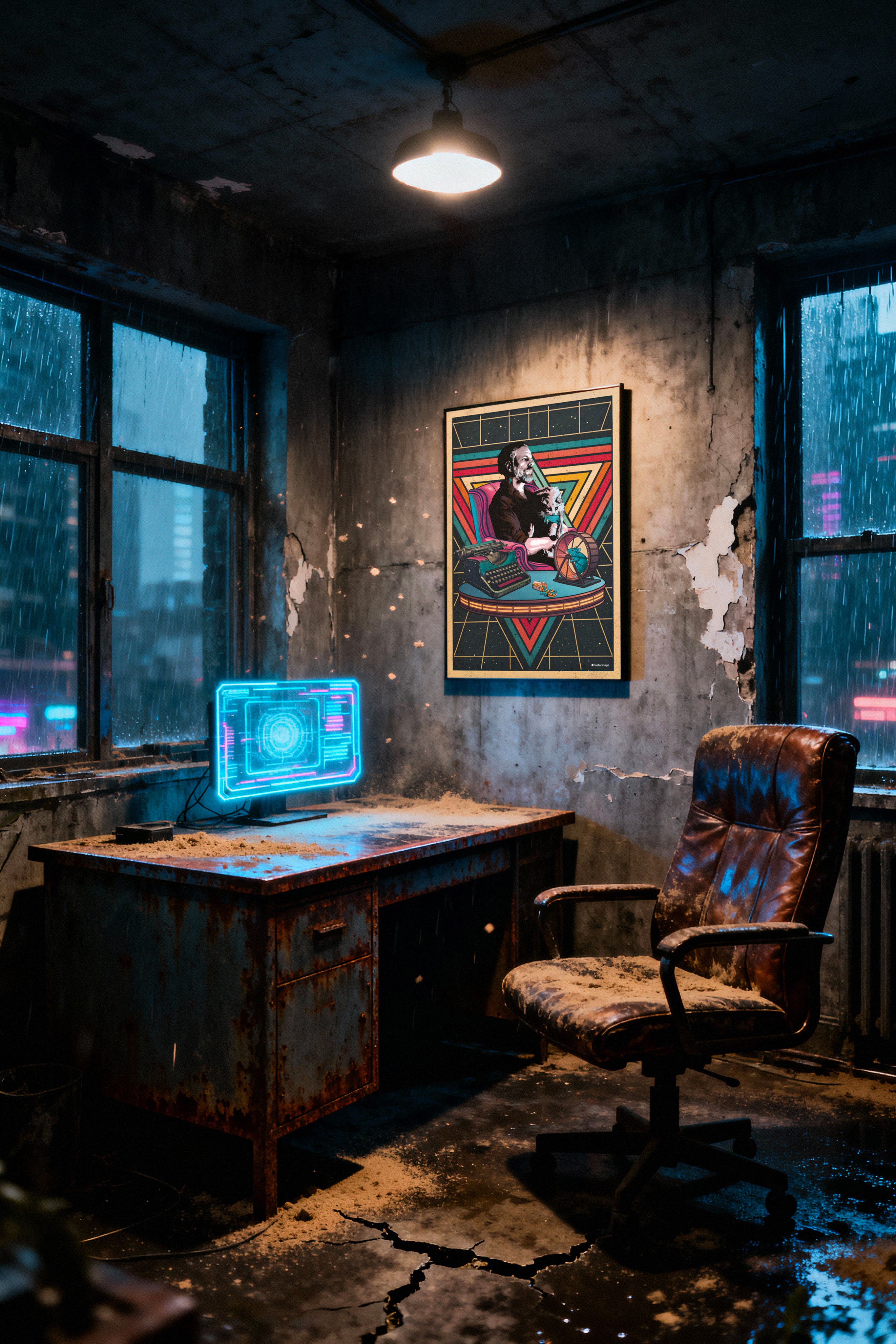 Vintage office with a desk, chair, and neon sign in a dimly lit room. A portrait of Philip K. Dick on the wall.