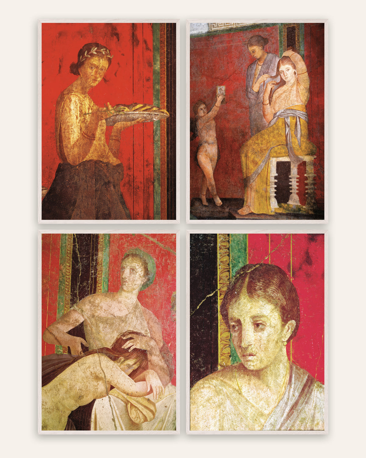 Poster affreschi di Pompei, set da 4: Villa dei Misteri, con cornici in rovere bianco