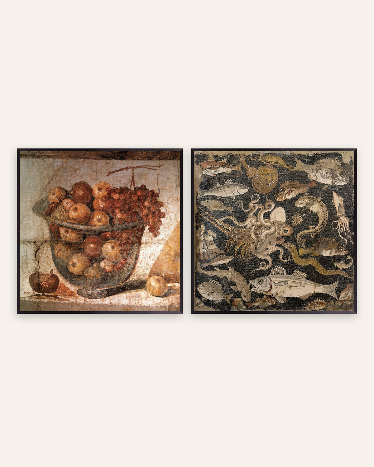 Poster cucina di Pompei, set da 2: coppa di frutta e mosaico dei pesci, con cornici in metallo nero