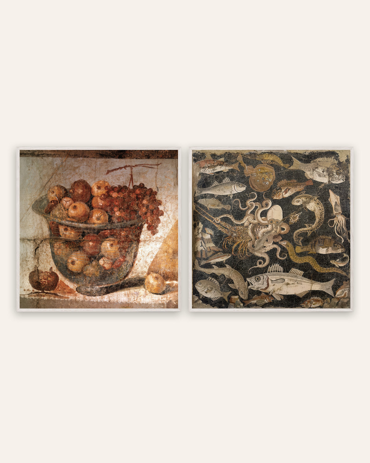 Poster cucina di Pompei, set da 2: coppa di frutta e mosaico dei pesci, con cornici in rovere bianco