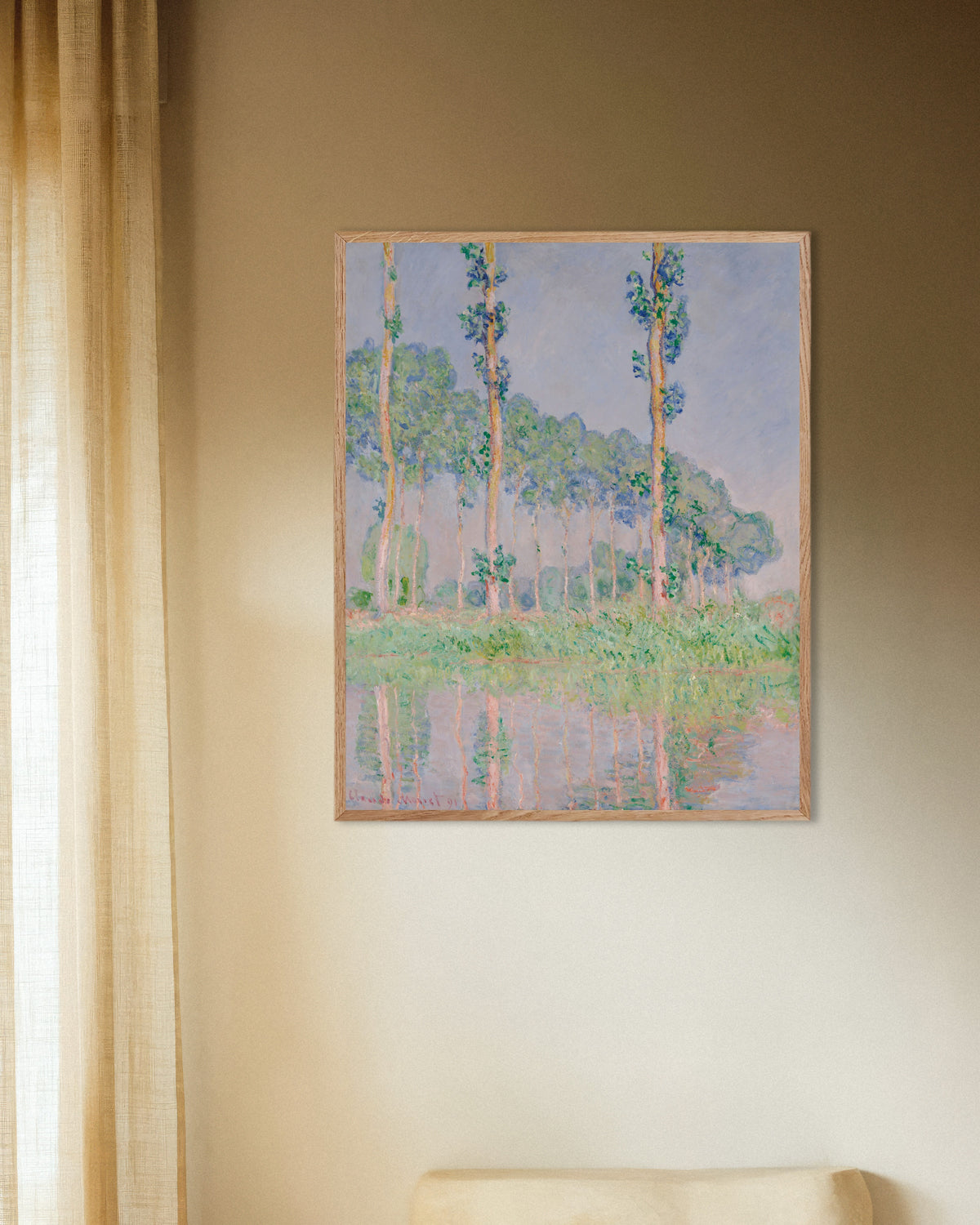 Poster Pioppi, effetto rosa (1891) di Claude Monet con cornice in legno naturale