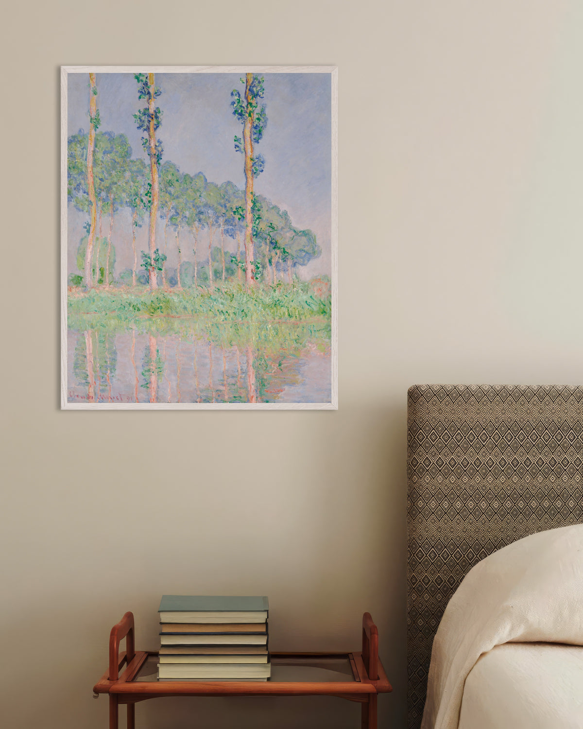 Poster Pioppi, effetto rosa (1891) di Claude Monet con cornice in legno bianco