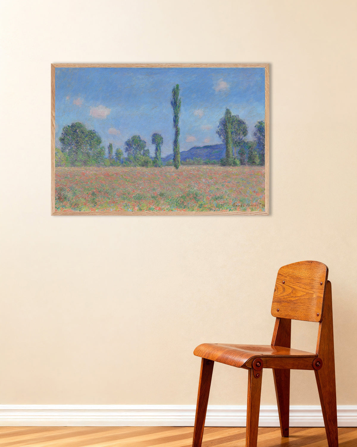 Poster Campo di papaveri, Giverny (1890) di Claude Monet con cornice in legno naturale