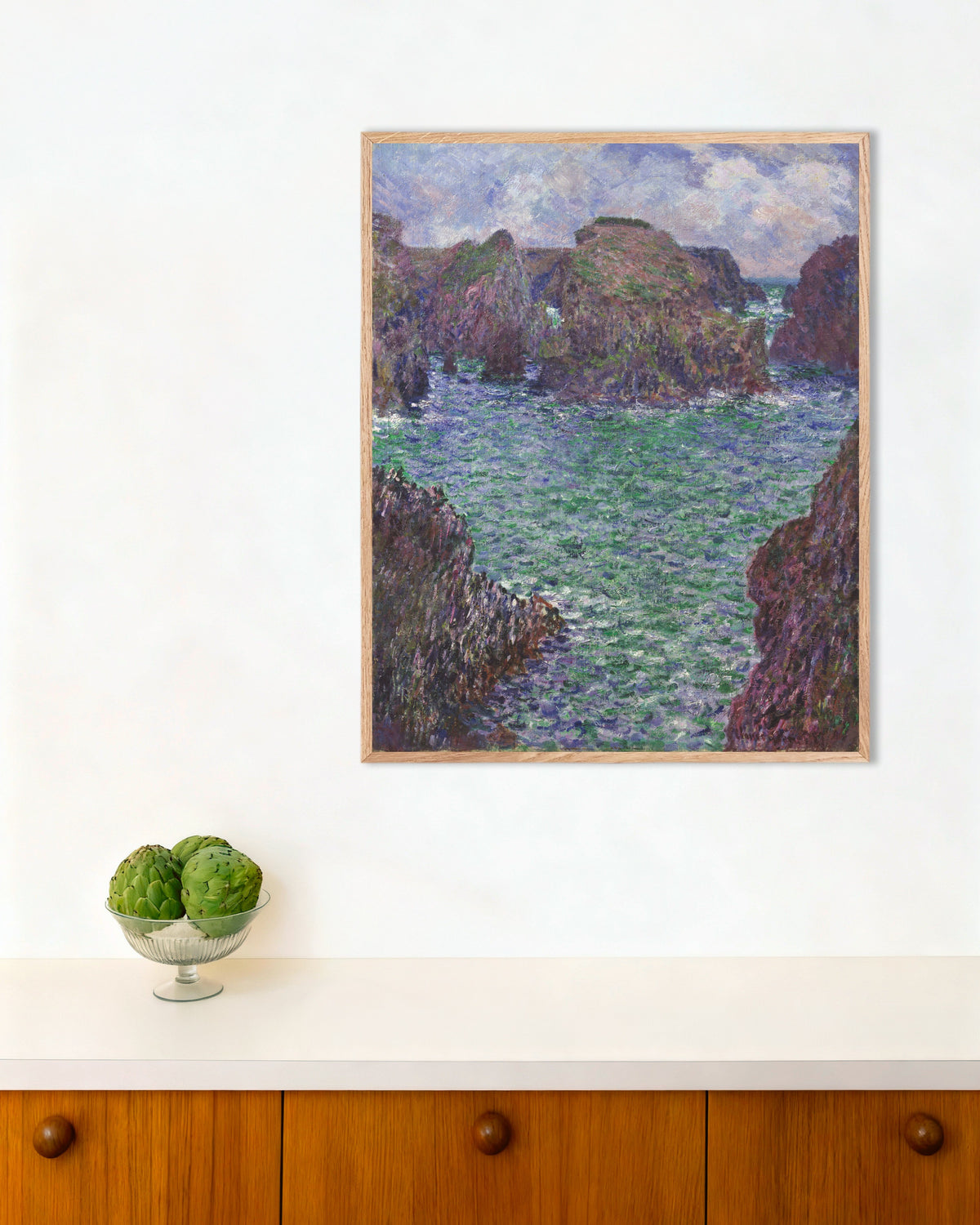 Poster Port-Goulphar, Belle-Île (1887) di Claude Monet con cornice in legno naturale