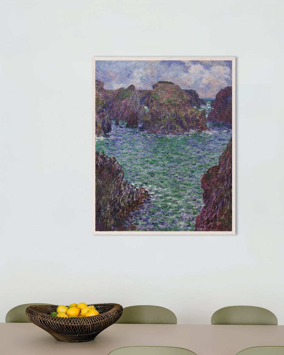 Poster Port-Goulphar, Belle-Île (1887) di Claude Monet con cornice in legno bianco