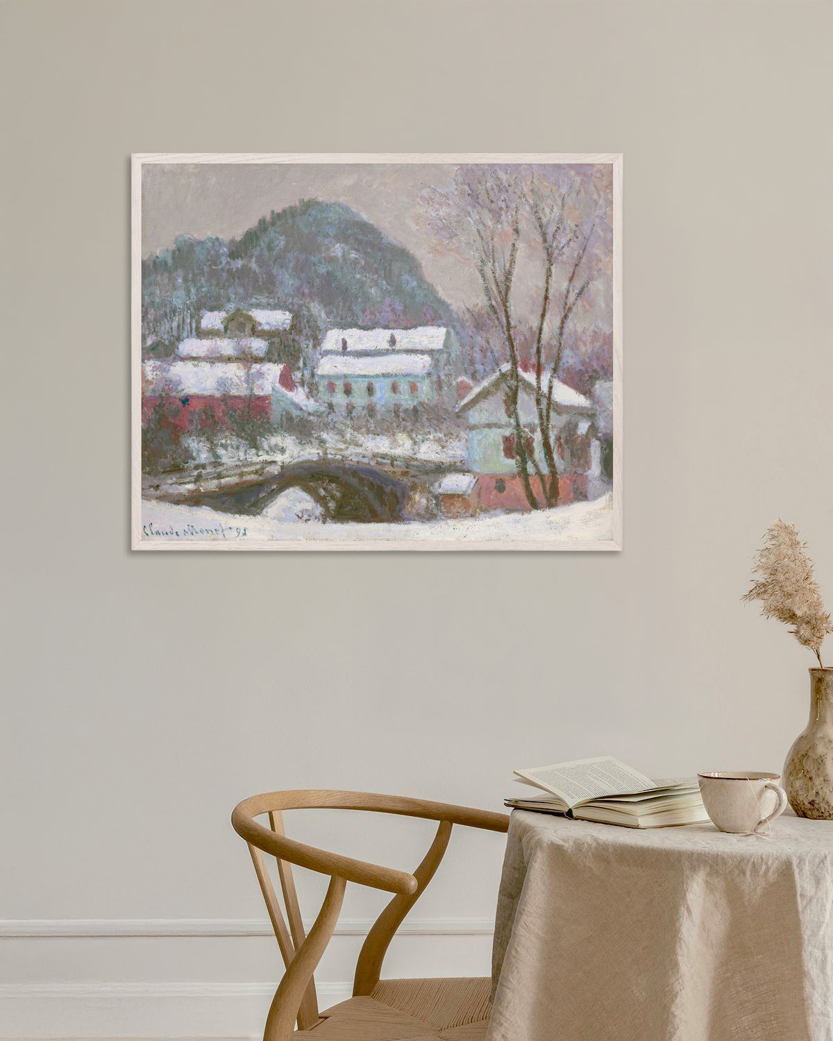 Poster Sandvika, Norvegia, effetto neve (1895) di Claude Monet con cornice in legno bianco