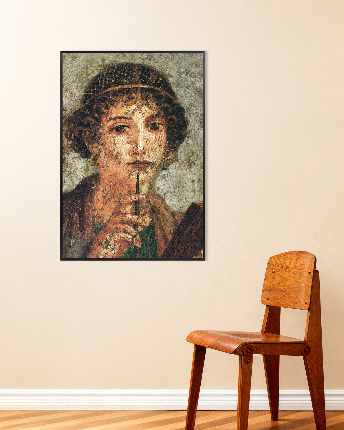 Poster del dettaglio dell'affresco di Saffo da Pompei con cornice in metallo nero
